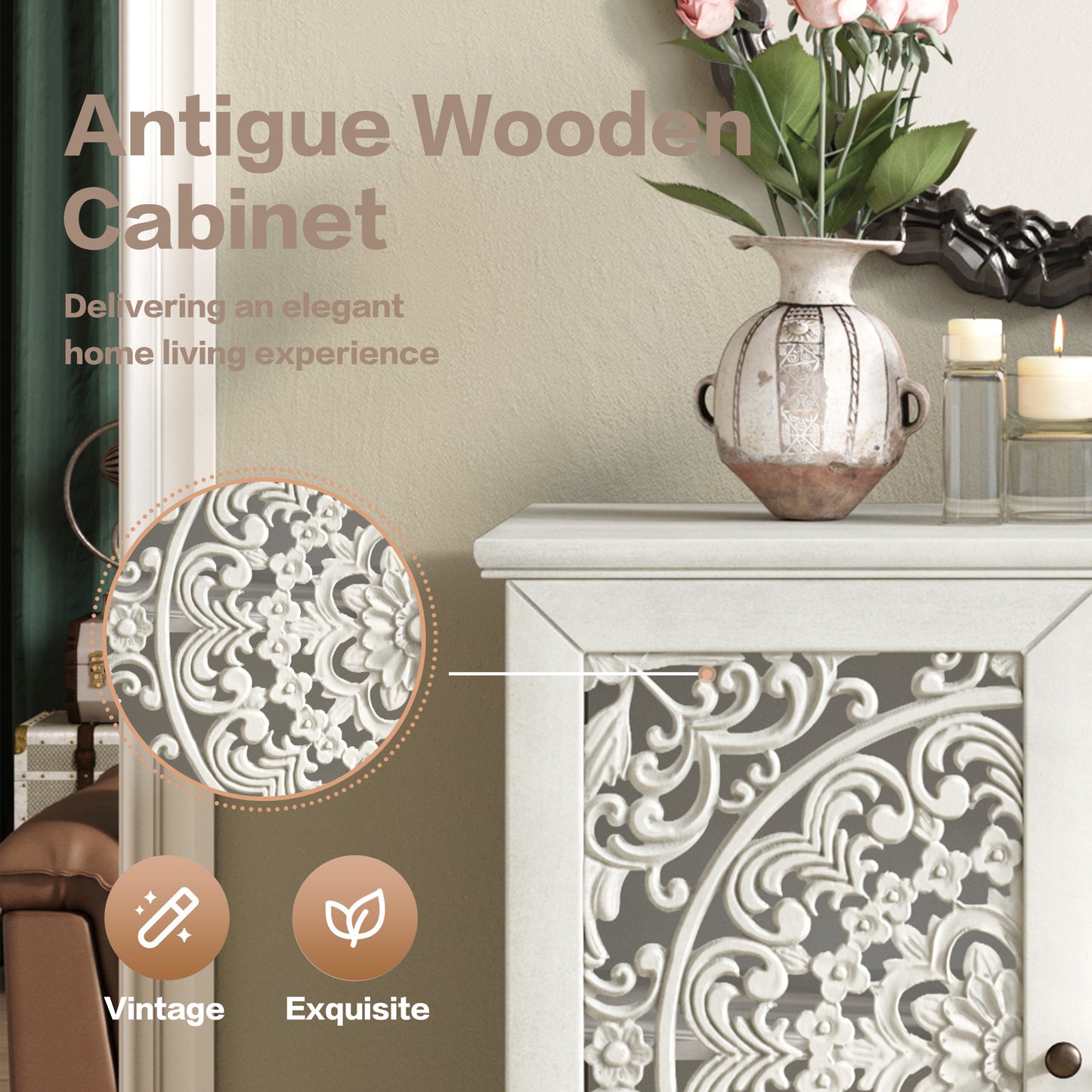 Vintage Hollow-Carved Accent Cabinet - 2-Door Display Sideboard
