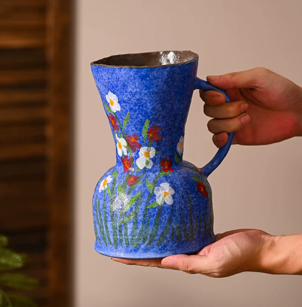 Hand-Painted Indigo Floral Ceramic Vase for Home Decor & Dining Table