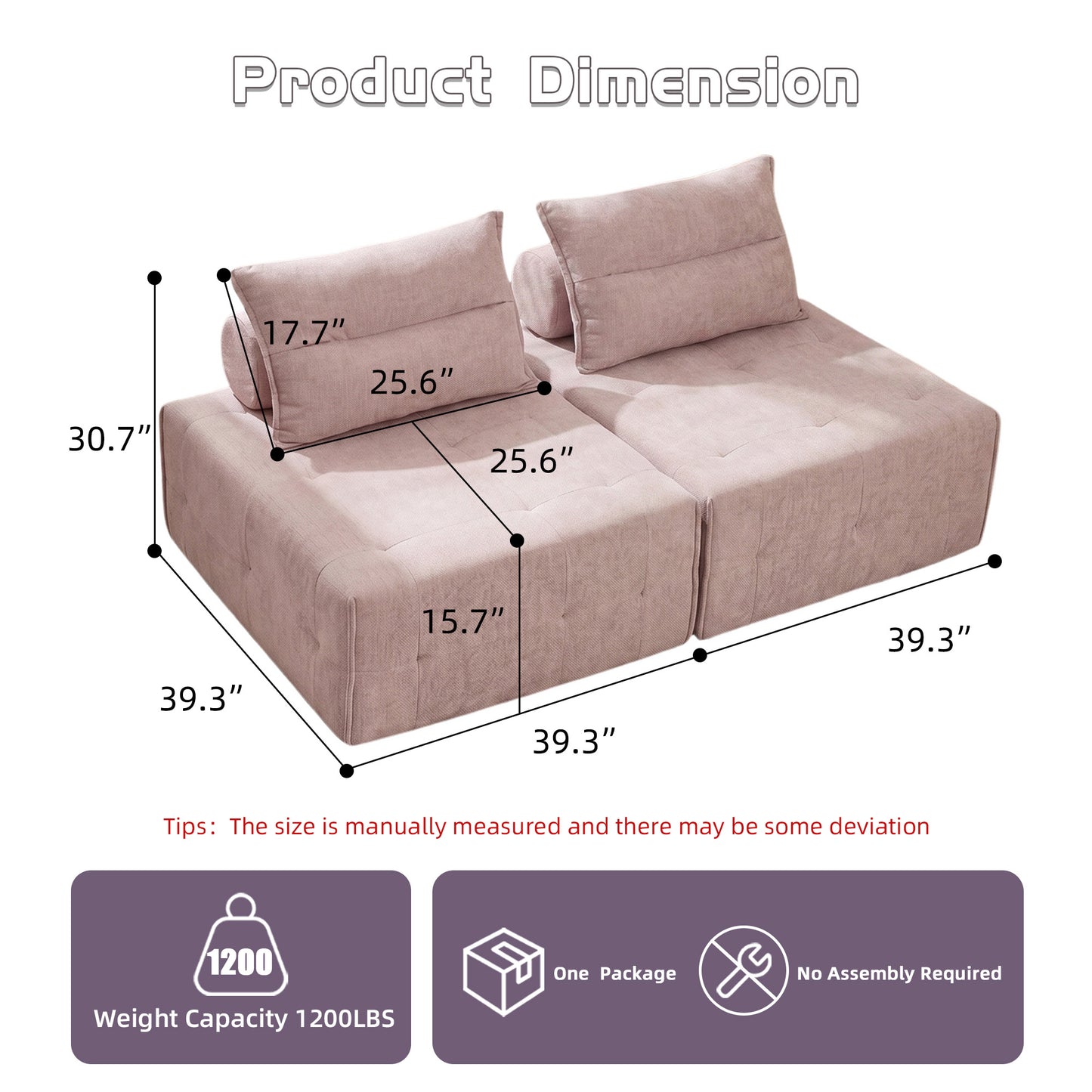 Modular Sectional Sofa with Adjustable Backrest - Pink