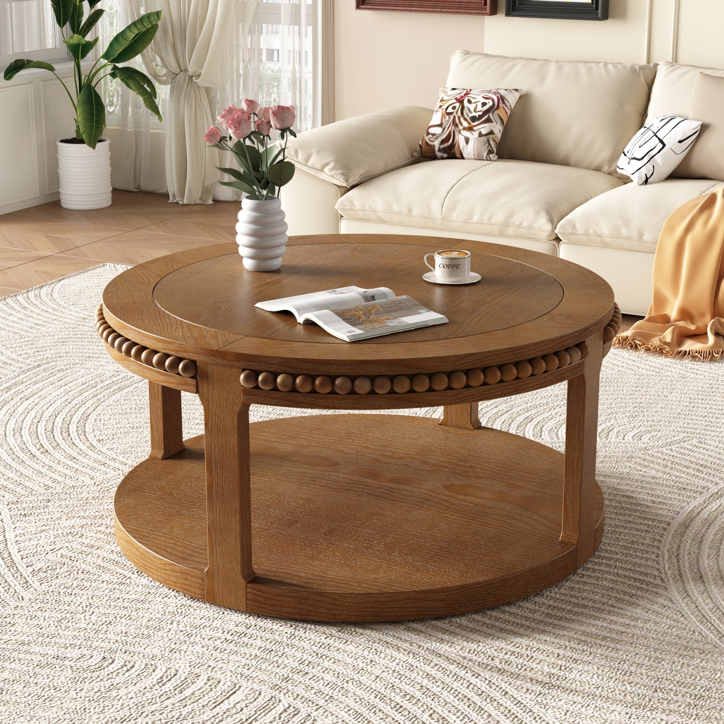 31.5 Inch Round Solid Wood Coffee Table - Two-Tier Design, Walnut