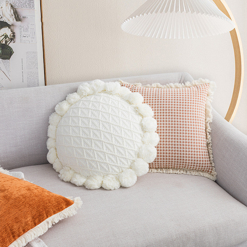 Decorative Tassel Lace Pillow Cover - Modern Houndstooth & Orange Cushion Case