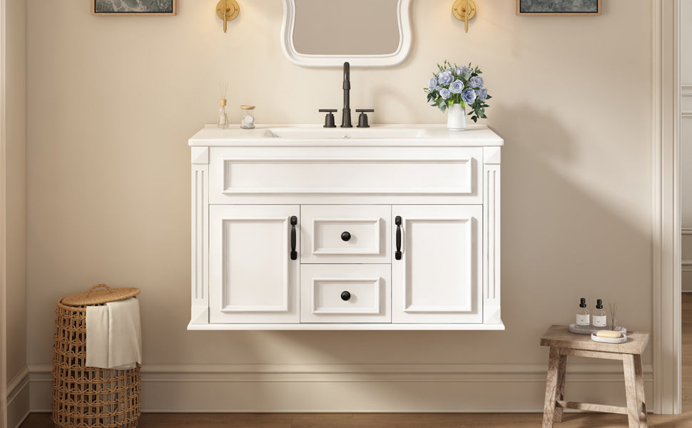36-Inch Wall-Mounted Bathroom Vanity with Ceramic Sink - White