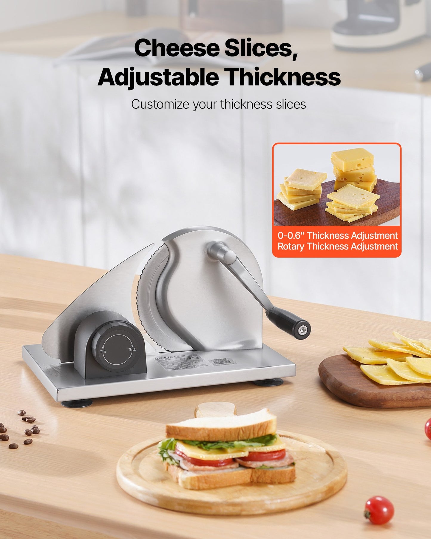 Manual Bread & Cheese Slicer with Adjustable Thickness Stainless Steel Blade - Black