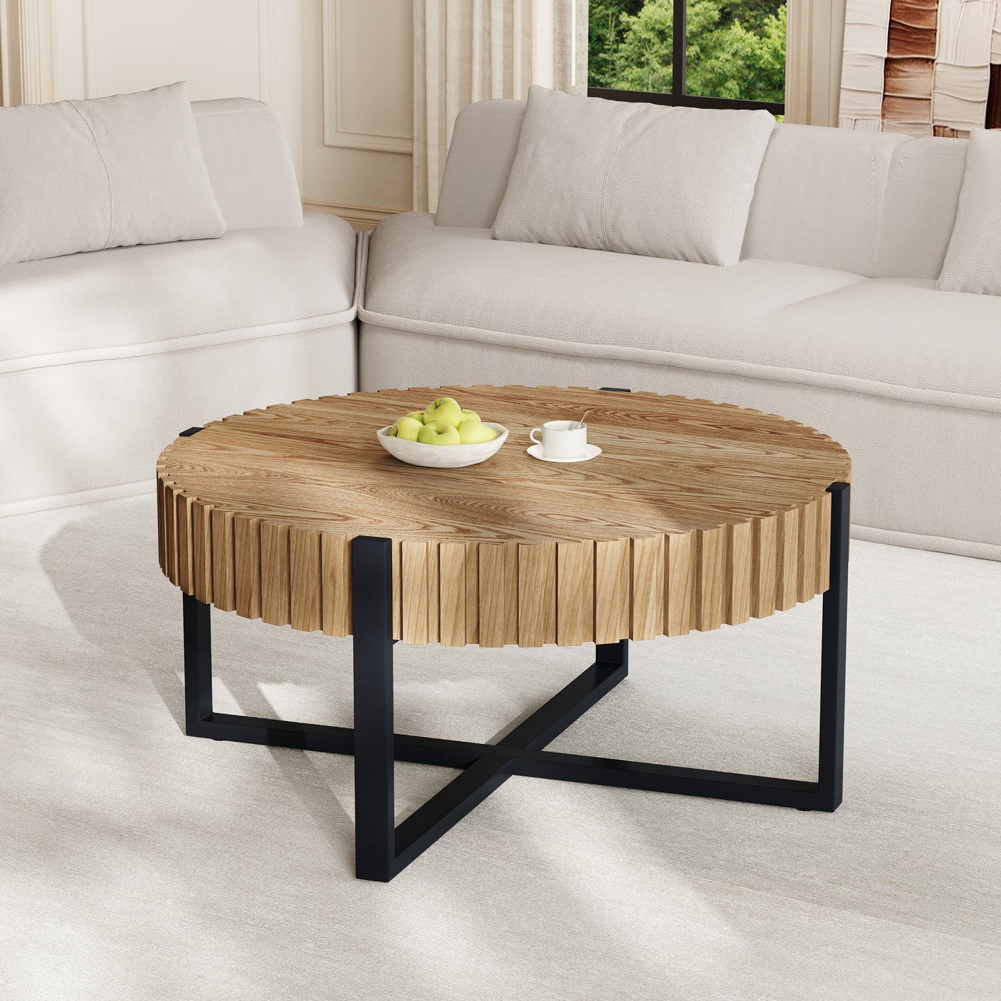 Modern Round Coffee Table with Marble Top & Cross Metal Base - 31.5"