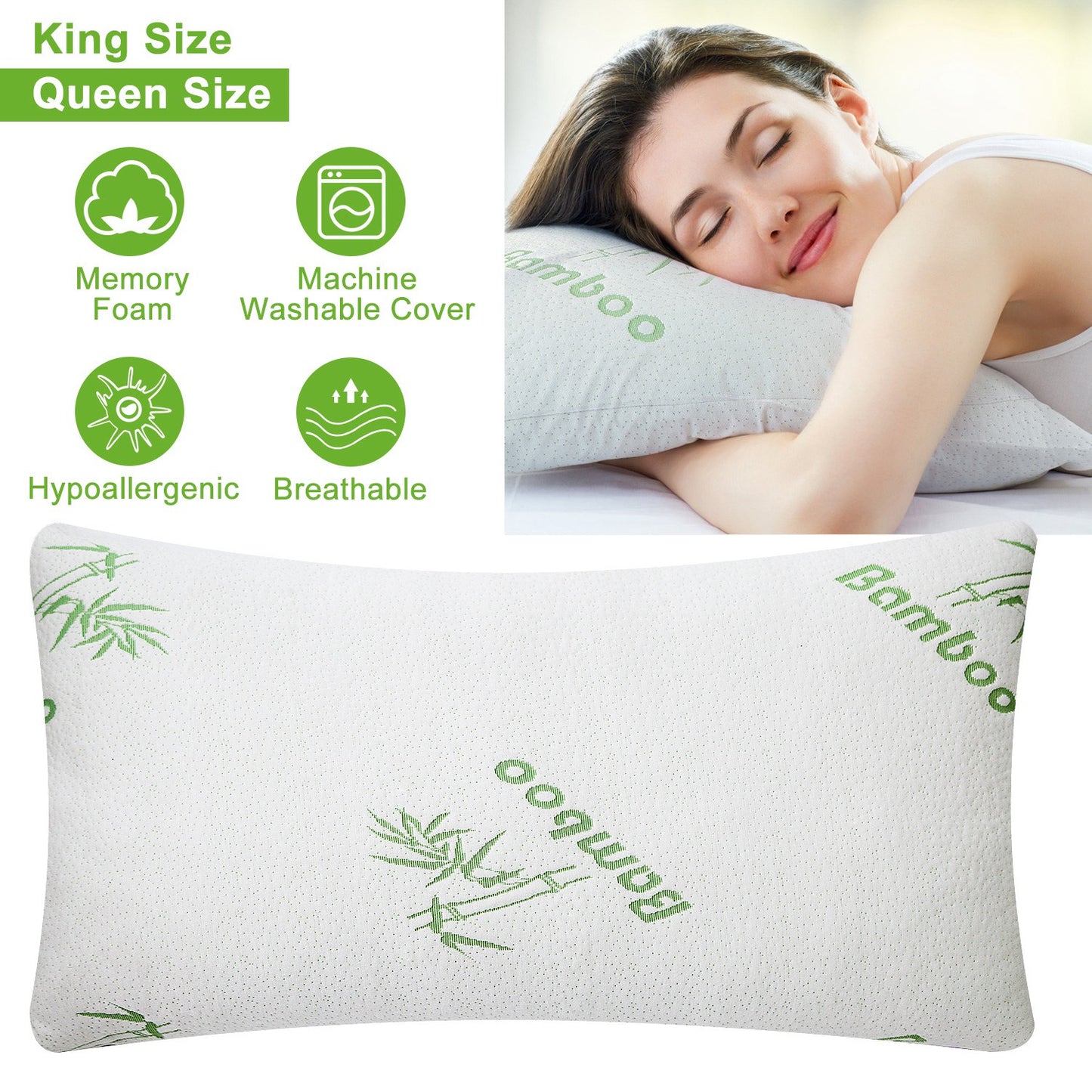 Bamboo Memory Foam Pillow with Washable Cover - White