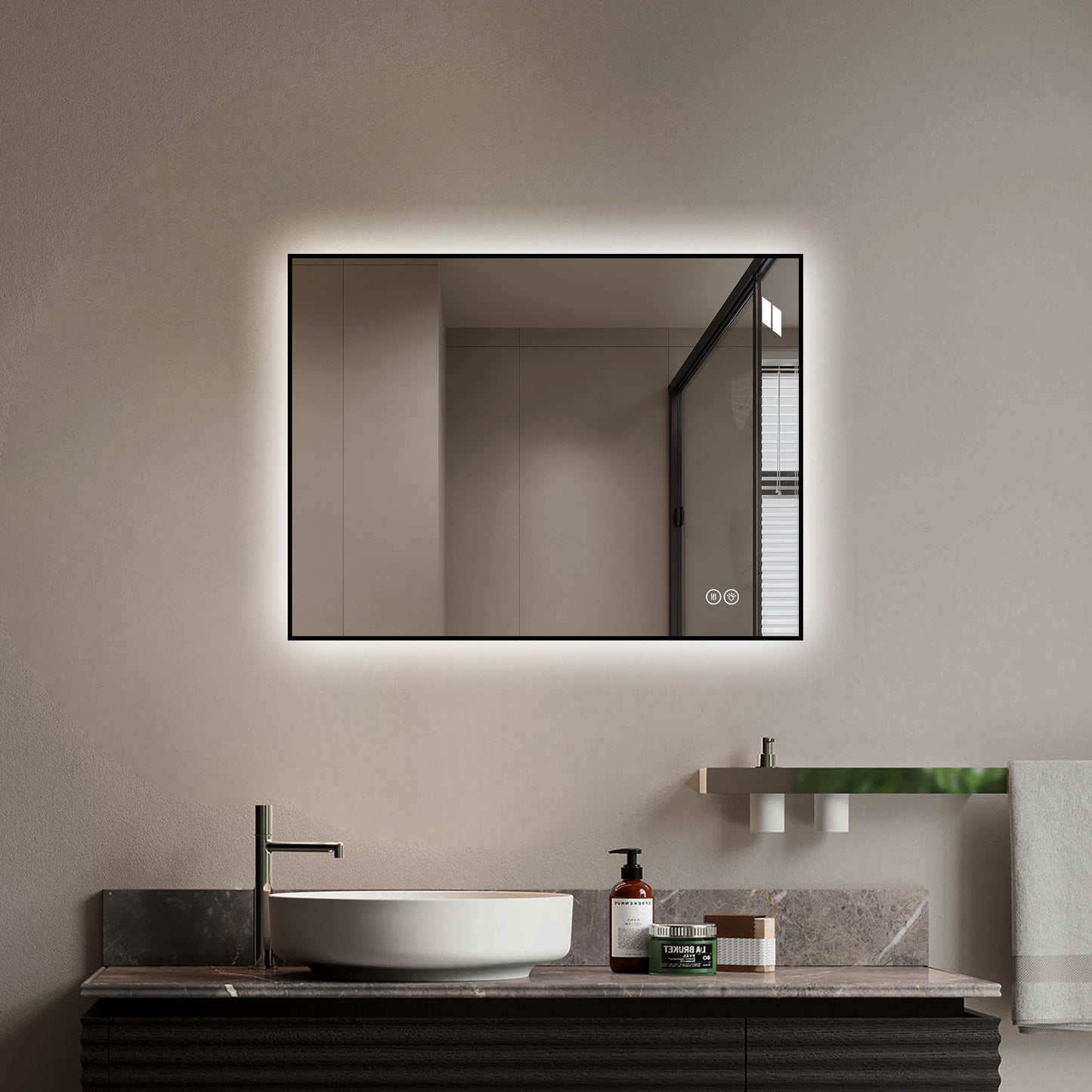24" x 32" LED Bathroom Mirror - Backlit, Anti-Fog, Dimmable, Black Frame