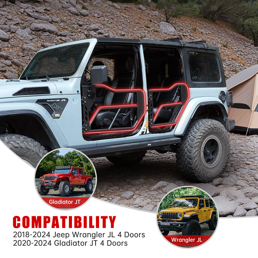 Tube Doors with Side View Mirror for 2018-2026 Jeep Wrangler JL & Gladiator JT - Black