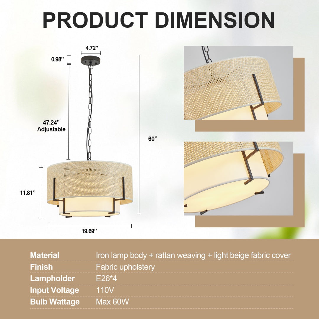 19.7in Farmhouse Boho Rattan Chandelier with Fabric Shade - 4-Light Pendant Light for Dining Room Kitchen Bedroom