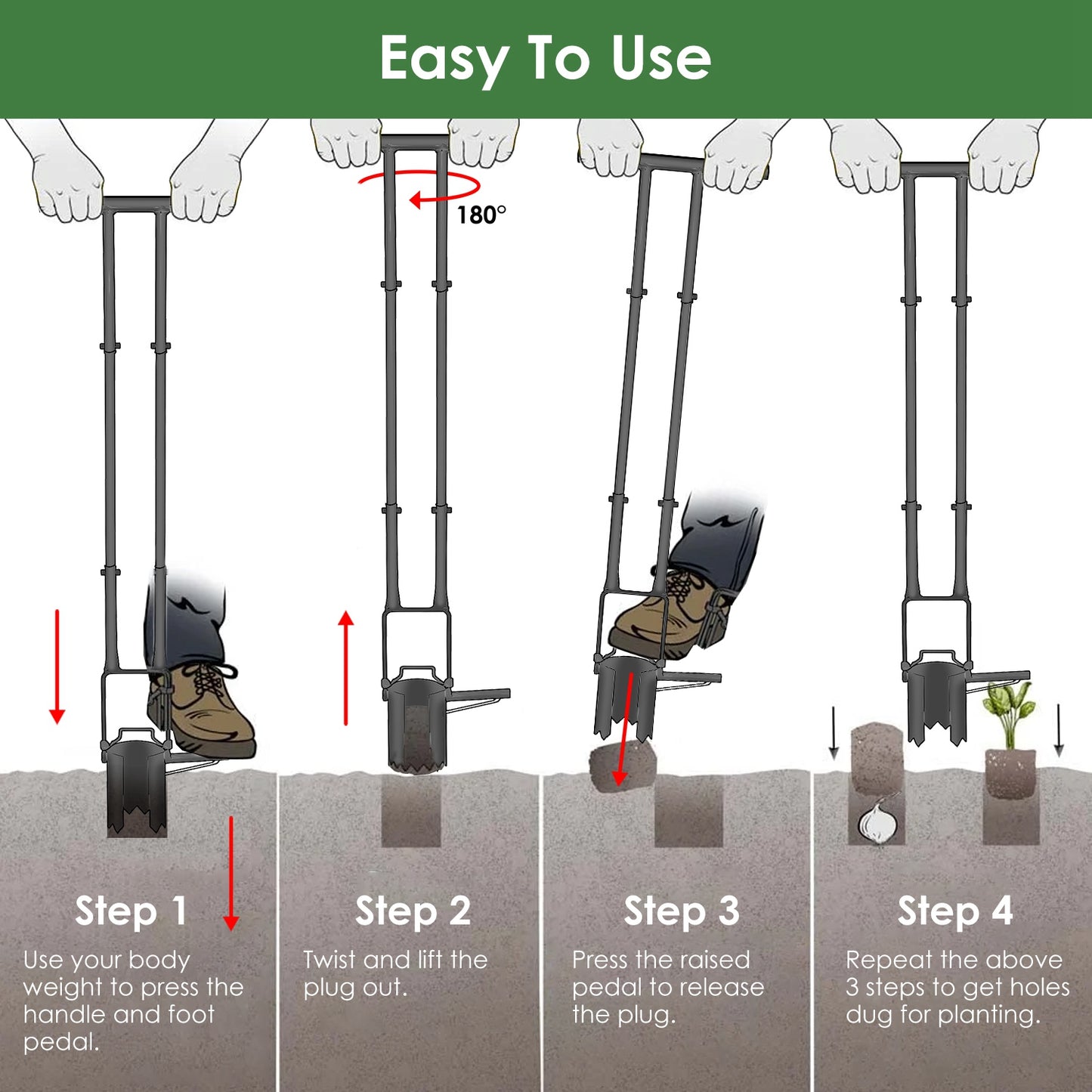 Garden Bulb Planter Tool 5-in-1 Long Handle Gardening Transplanter with Gloves