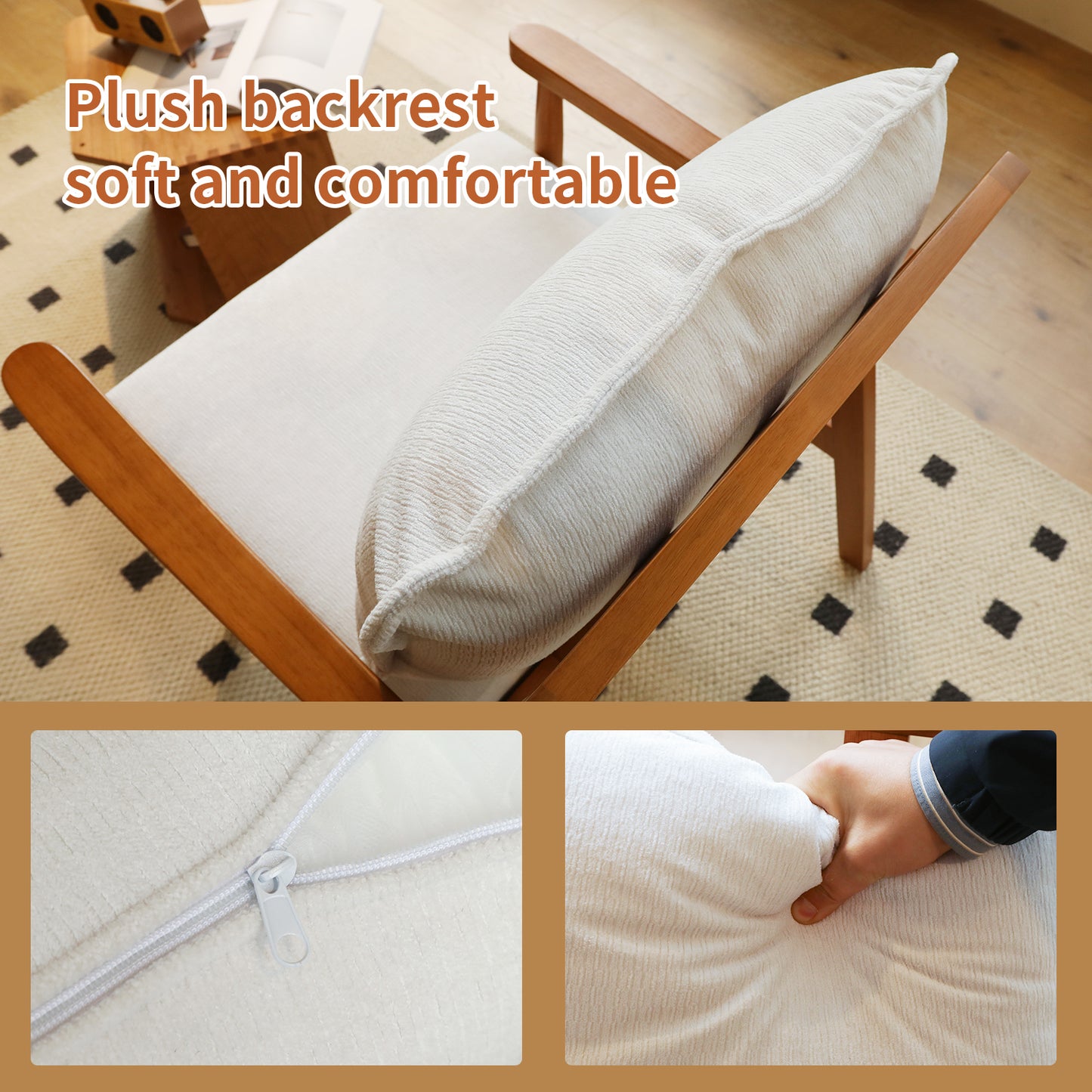 Accent Chair with Solid Wood Frame - White Fabric Cushion