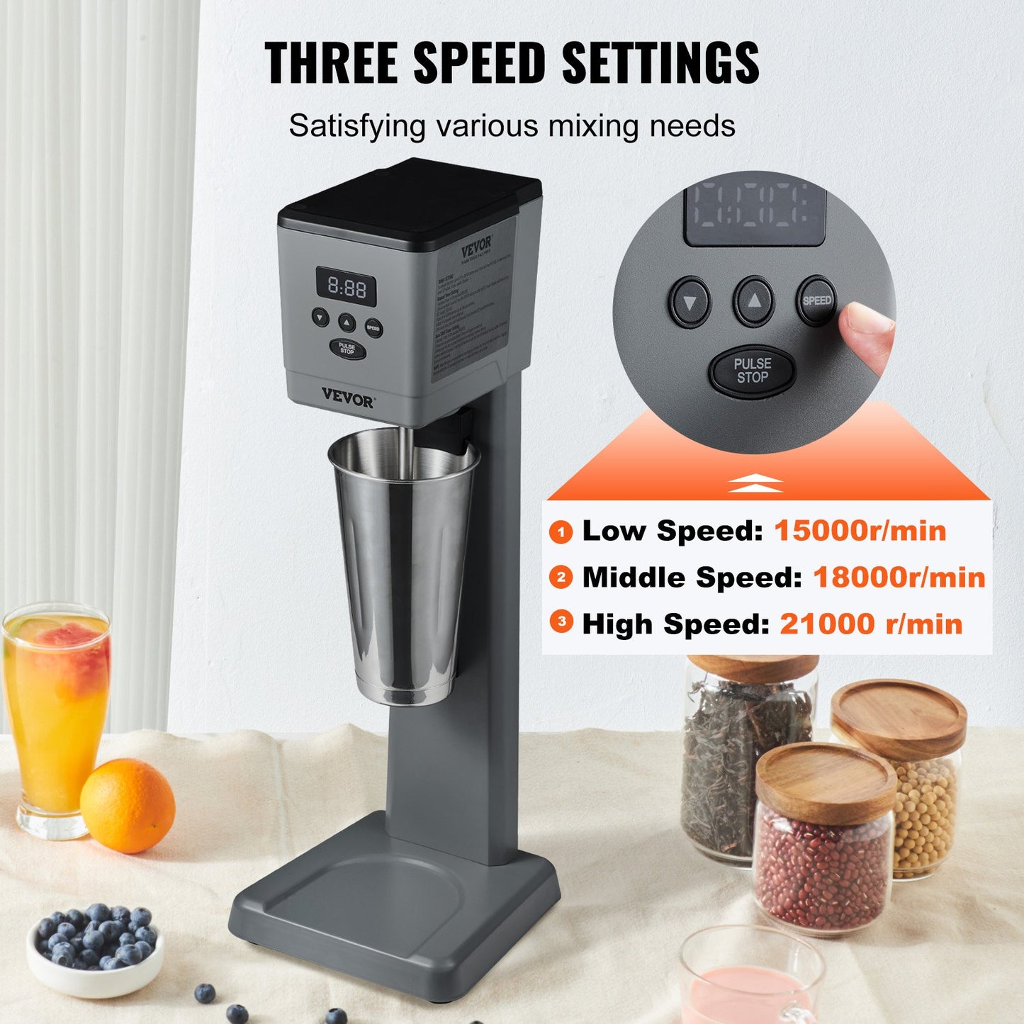 Electric Milkshake Maker 375W with Stainless Steel Cup 3-Speed Drink Blender Grey
