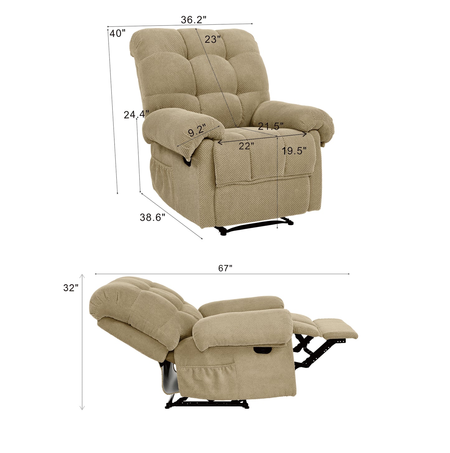 Overstuffed Recliner Chair - Camel Fabric Armchair with Footrest