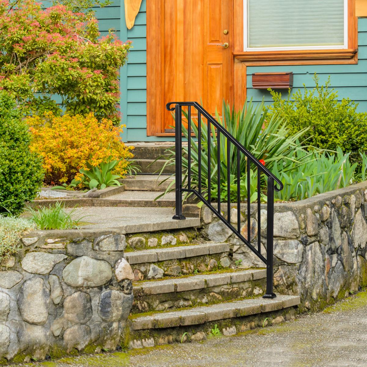 Black Wrought Iron Outdoor Stair Handrail for 3 or 4 Steps - Garden & Patio Railing with Installation Kit