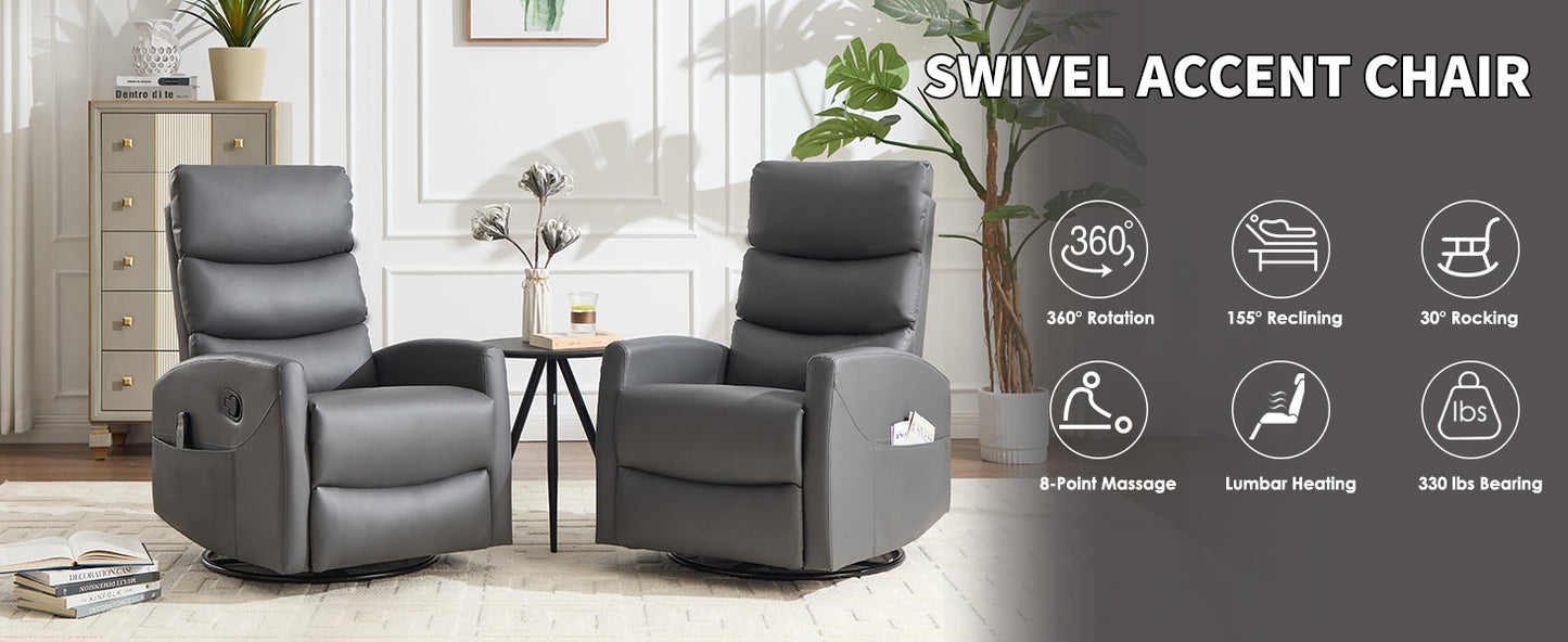 Heat Massage Recliner Chair with Rocker & Swivel - Grey