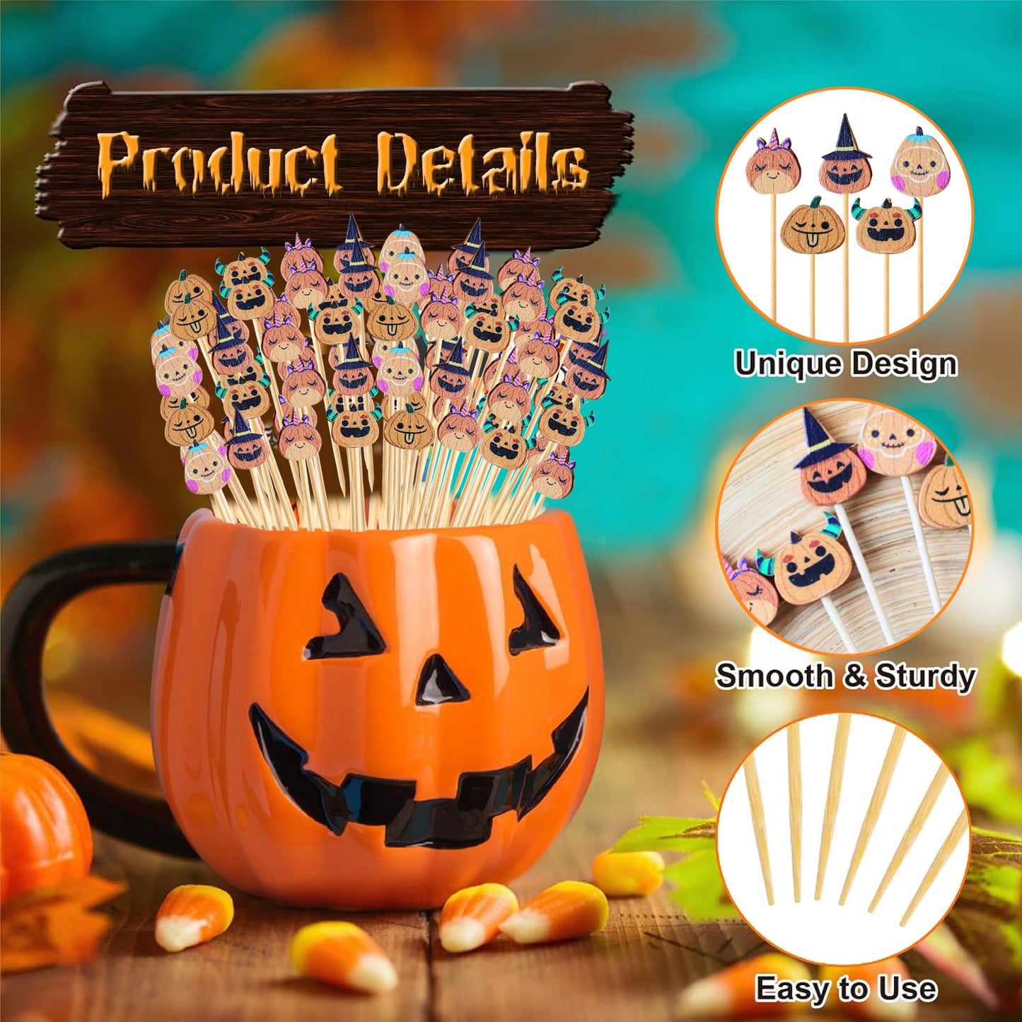 Halloween Cocktail Picks - 100 Bamboo Pumpkin Toothpicks