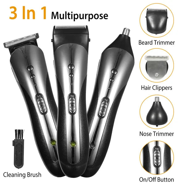 3-in-1 Men Electric Hair Clipper & Beard Trimmer Grooming Kit - Black