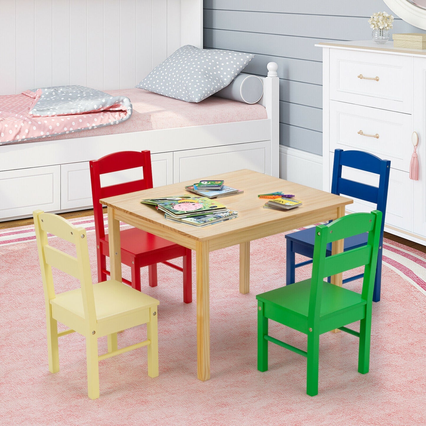 Kids Pine Wood Multicolor Table and Chair Set - 5 Pieces