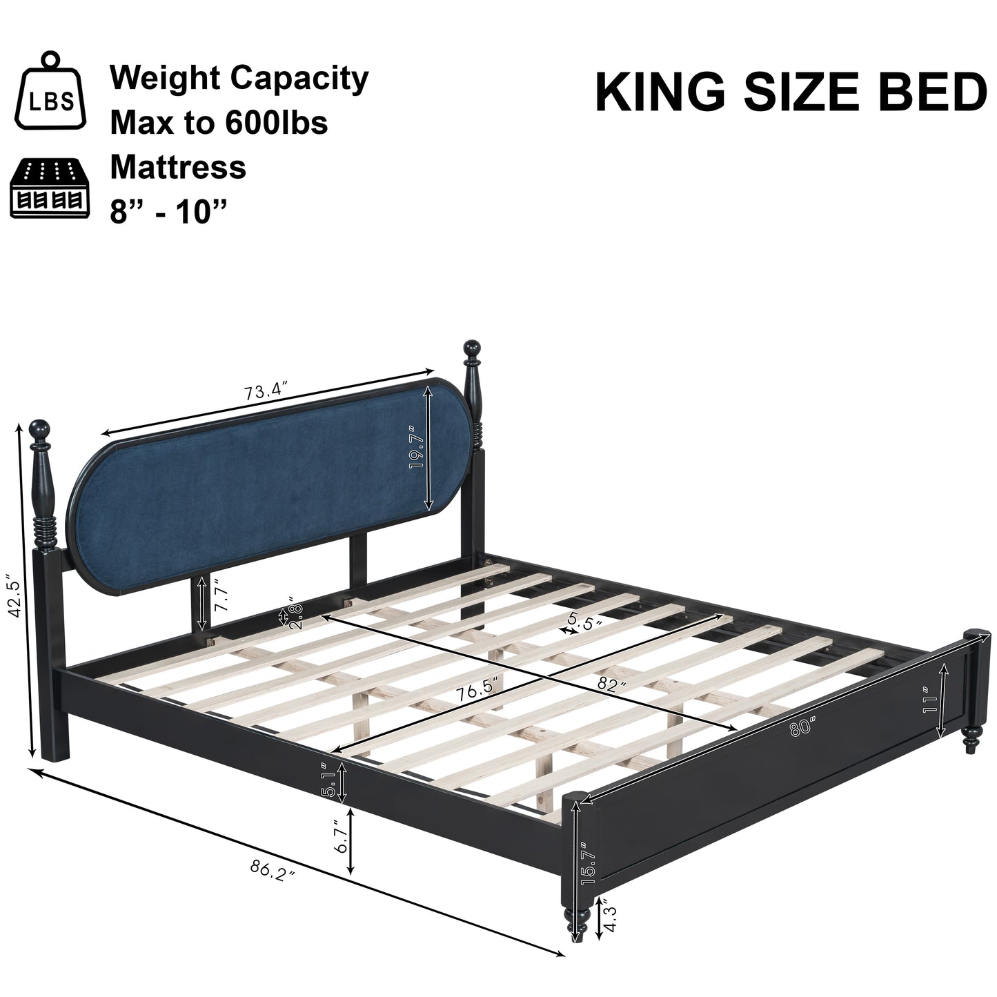King Bed Frame - Solid Wood Platform, Modern Navy Blue & Black