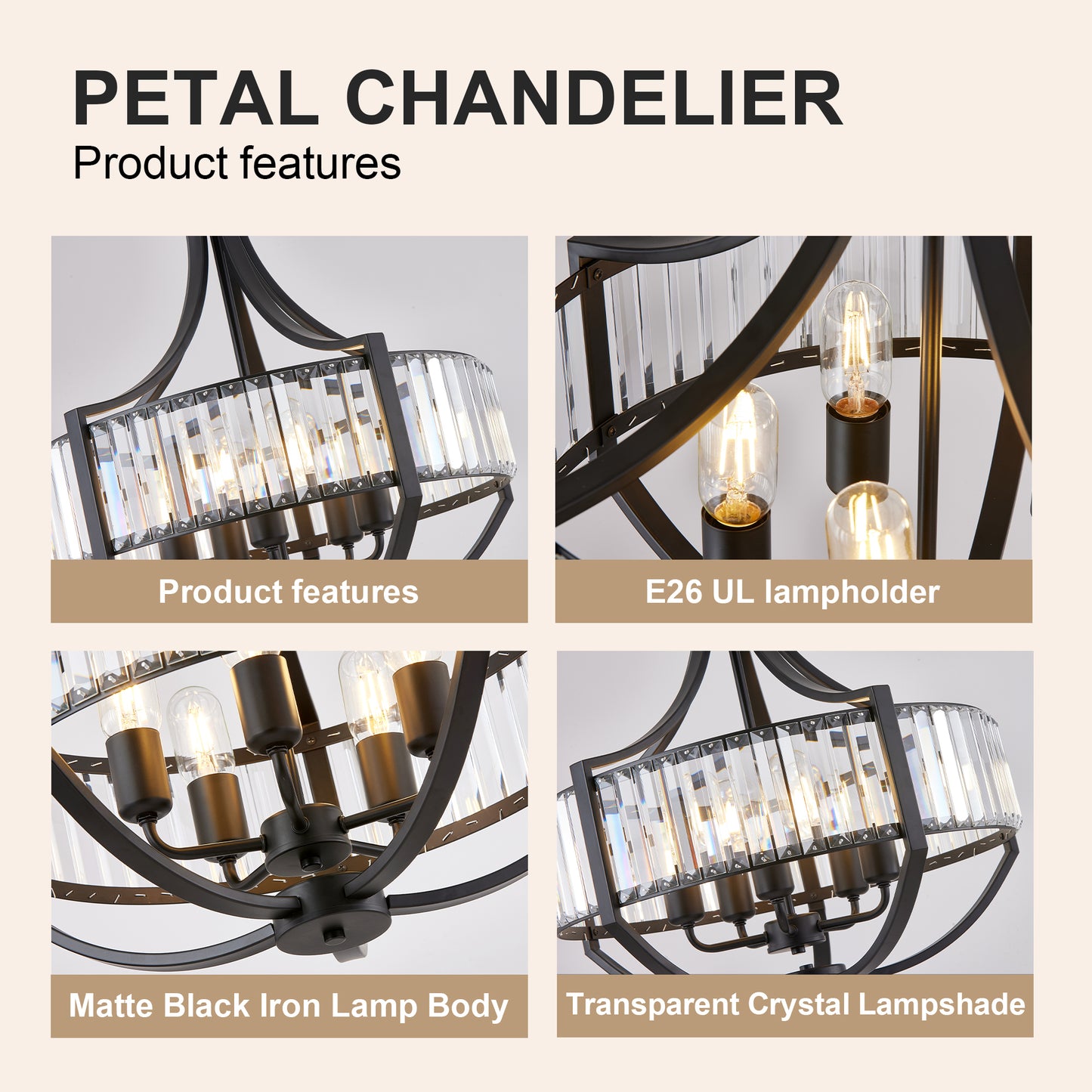 Black Farmhouse Crystal Pendant Chandelier - Modern 5-Light Ceiling Light Fixture