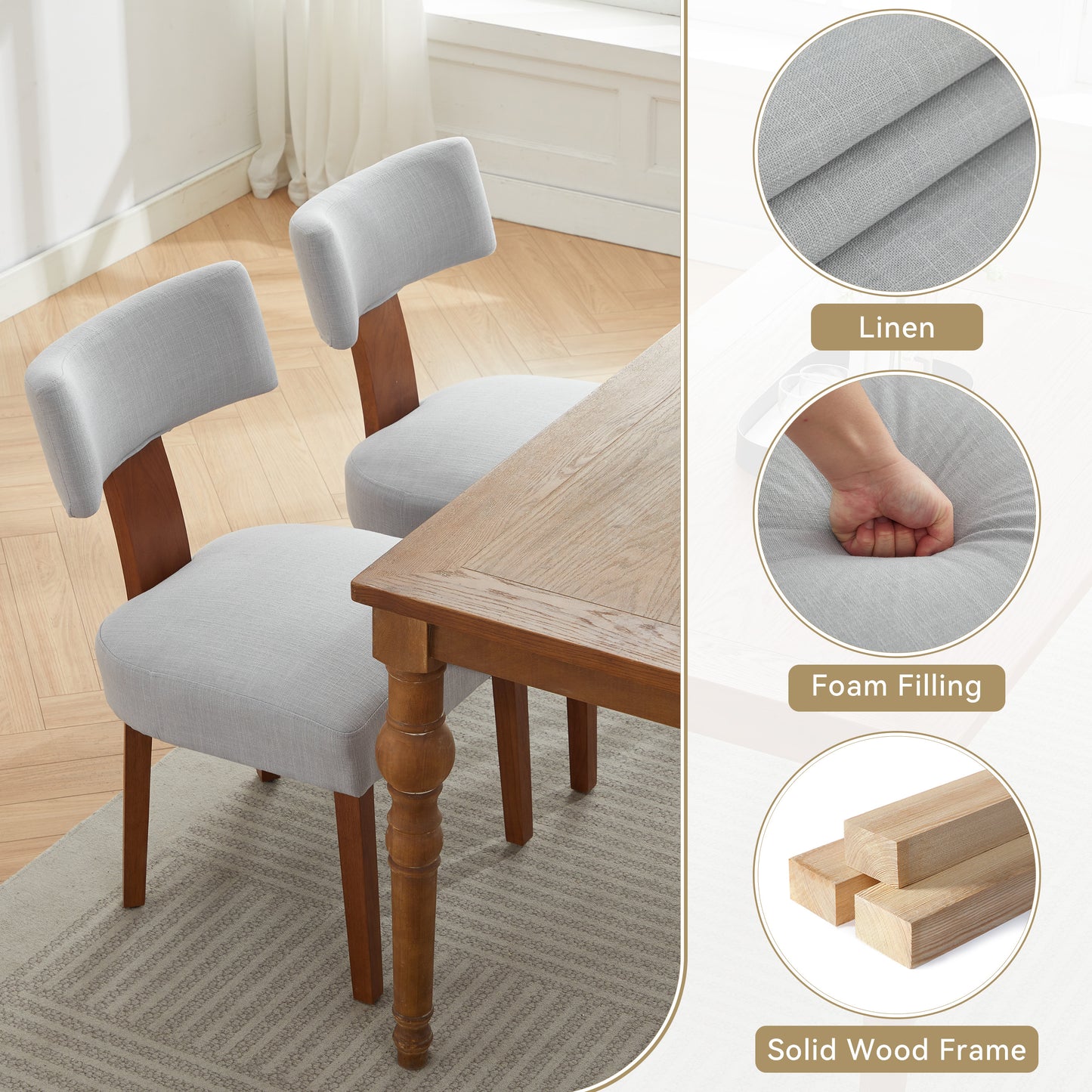 Set of 2 Gray Linen Modern Dining Chairs with Curved Backrest