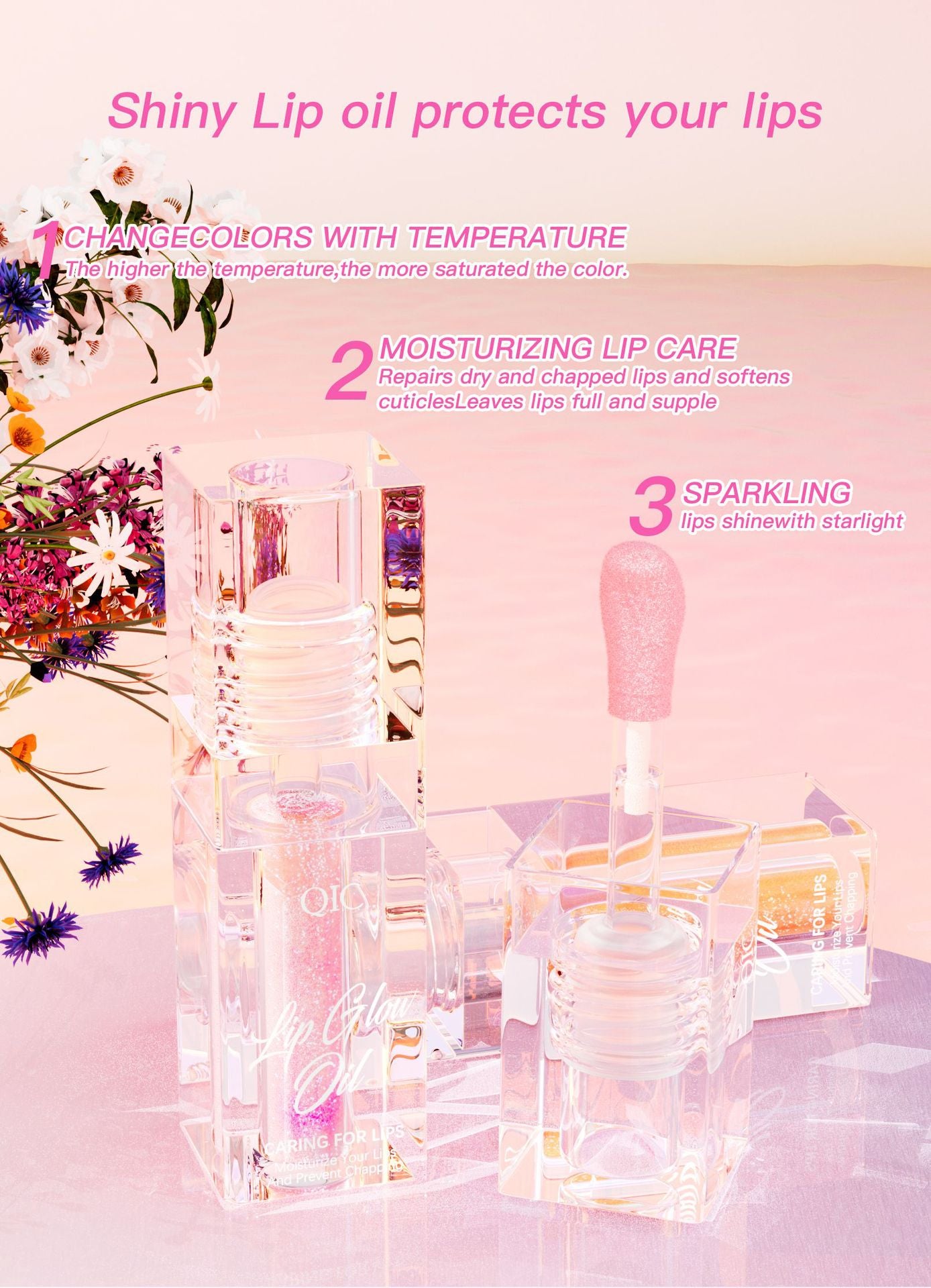 pH Reactive Color-Changing Lip Glow Oil - Glitter Pink Plumping Gloss