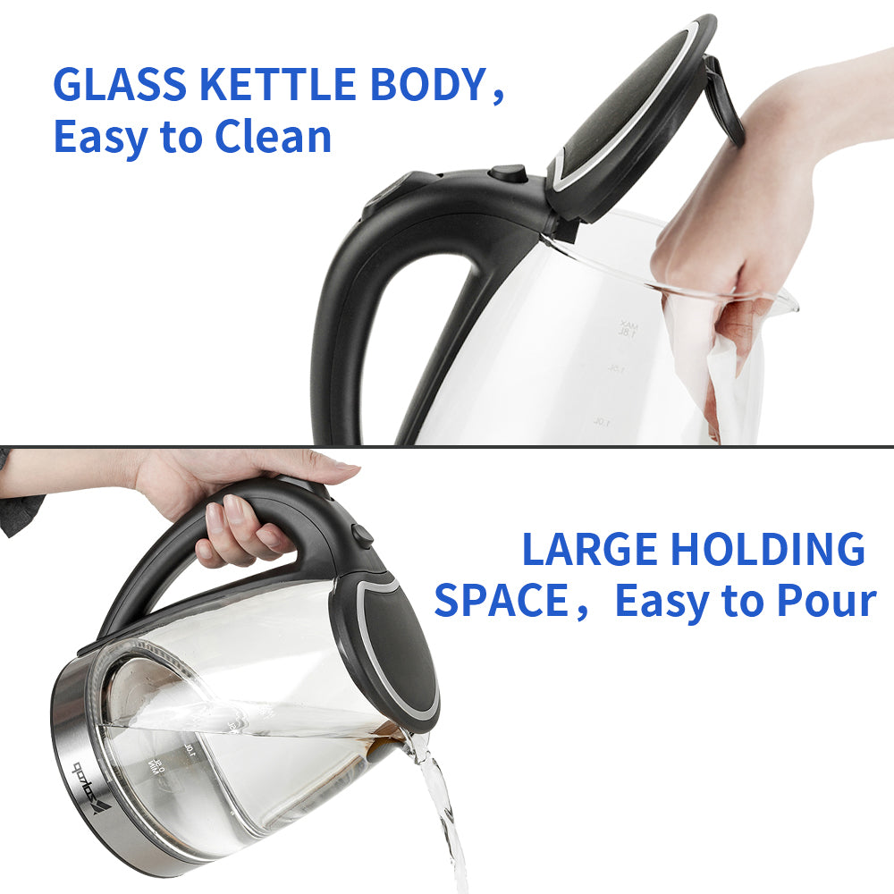 1.8L Electric Glass Kettle with Blue LED, Auto Shut-Off, 1500W