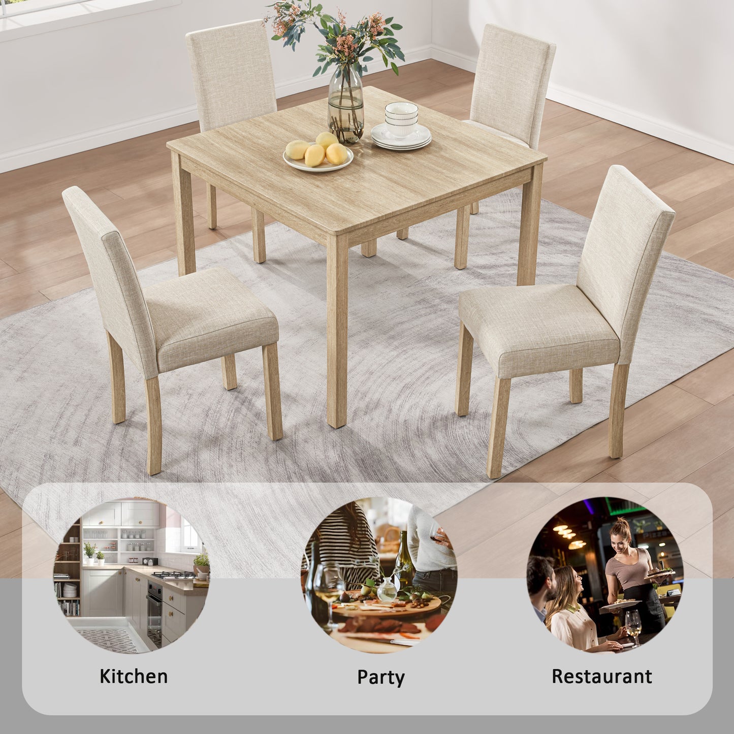 5-Piece Dining Table Set with 4 Chairs - Light Oak
