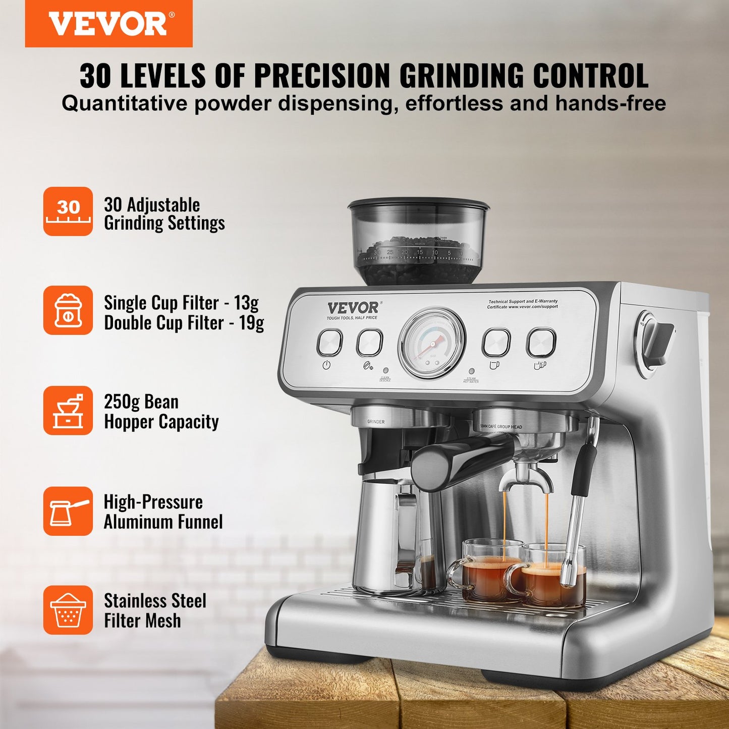 Semi-Automatic Espresso Machine with Grinder & Milk Frother - 15 Bar, PID Control