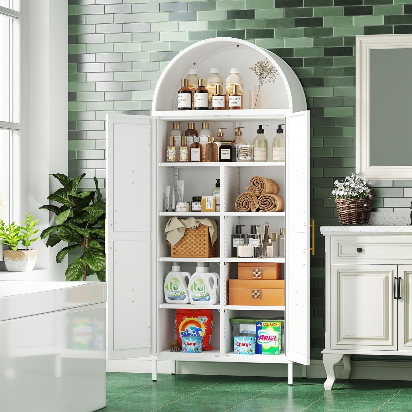 Tall Arched Kitchen Pantry Cabinet with Adjustable Shelves - White