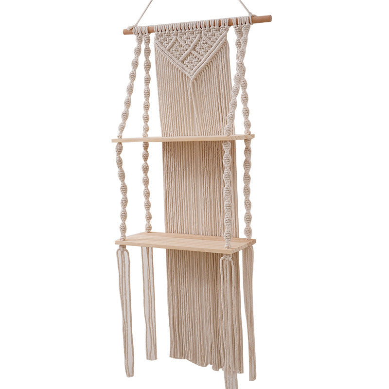 Bohemian Woven Tapestry Shelf with Wooden Bar - Natural Beige 40x90cm