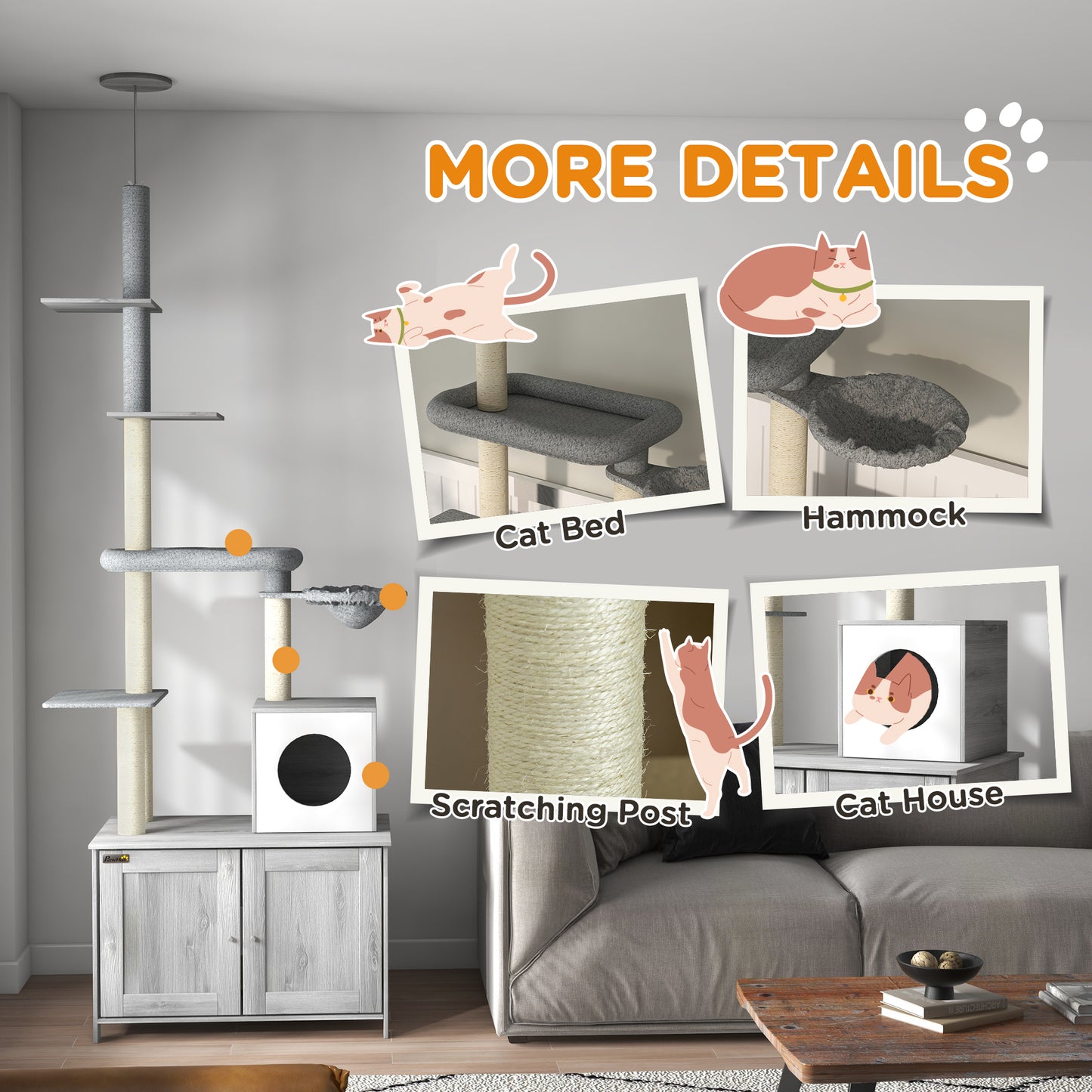 2-in-1 Cat Tree with Enclosed Litter Box, Condo, Hammock & Shelves - Gray