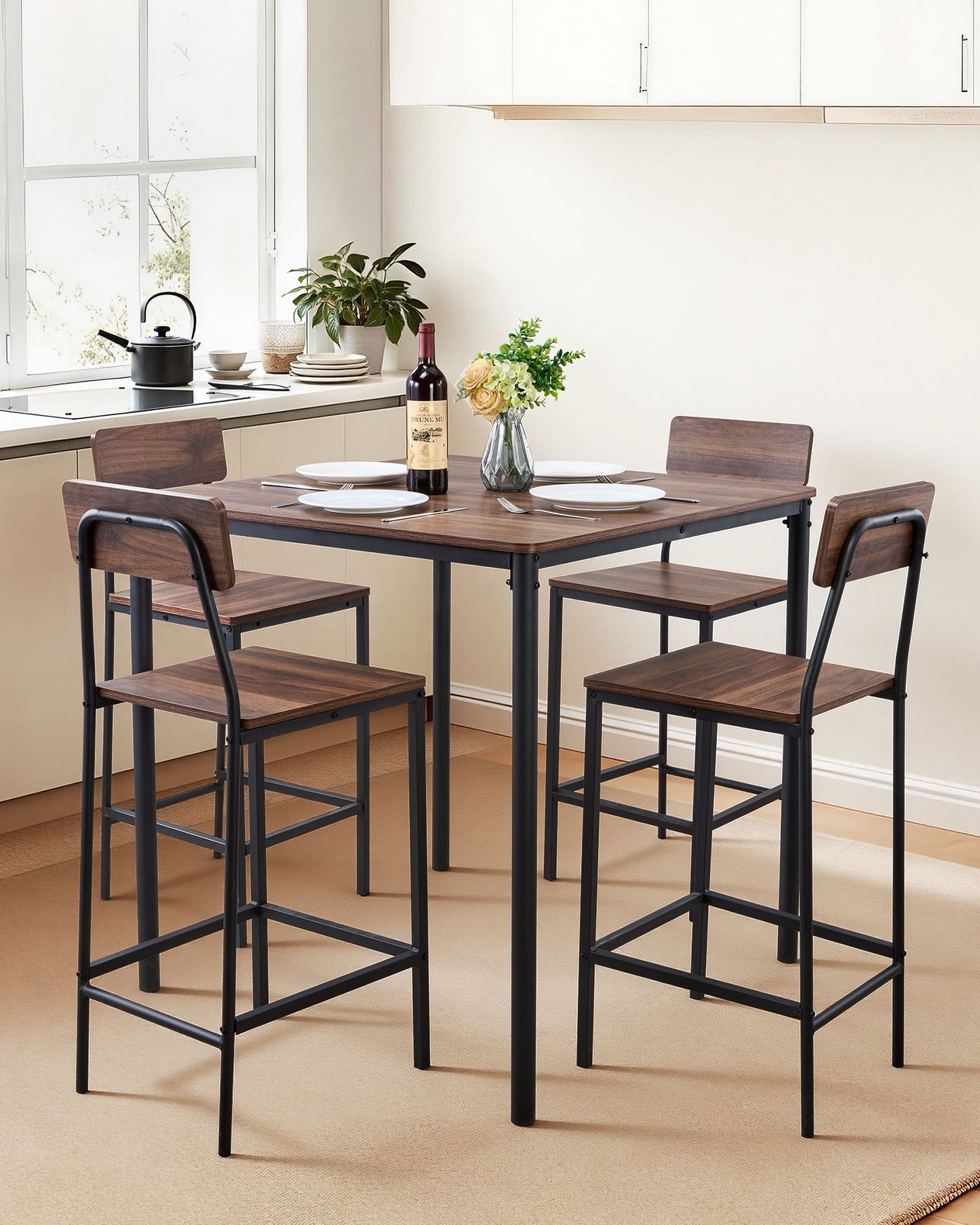5-Piece Bar Table and Chair Set - 35-Inch Pub Dining Set with Rounded Edges, Walnut & Black Finish