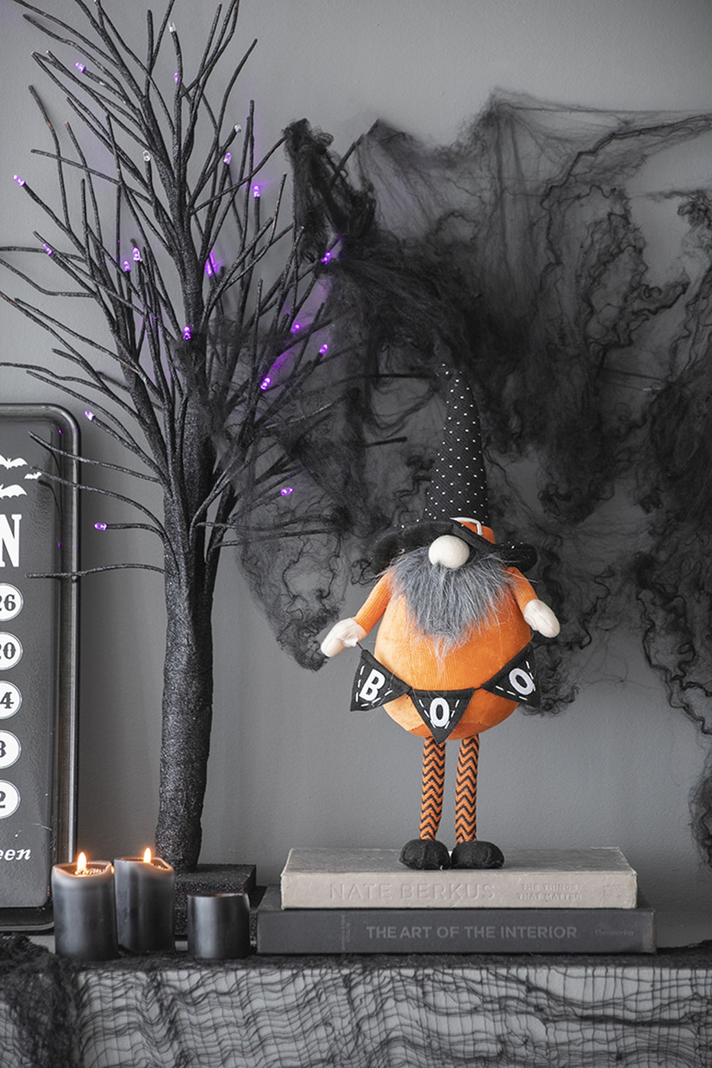 Set of 2 Fabric Standing Gnomes with 'B-O-O' Banner - Halloween Decor