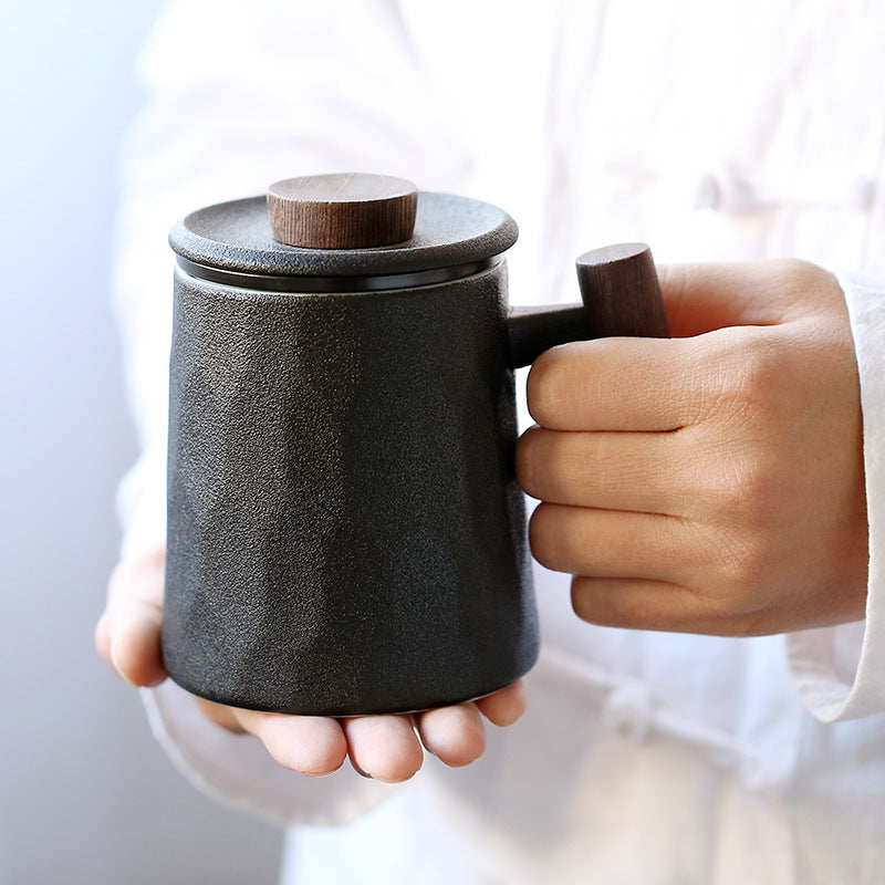 Ceramic Office Tea Cup with Wooden Handle and Lid 450ml Black