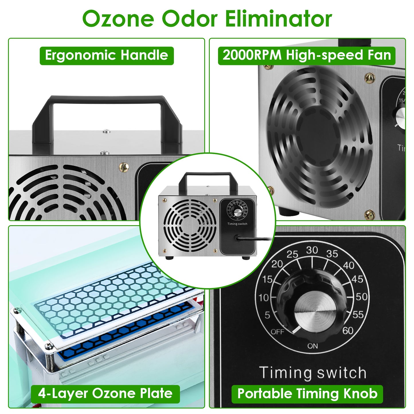 Ozone Generator Air Purifier Odor Eliminator for Large Rooms - 50,000mg/h, Timer, Silver