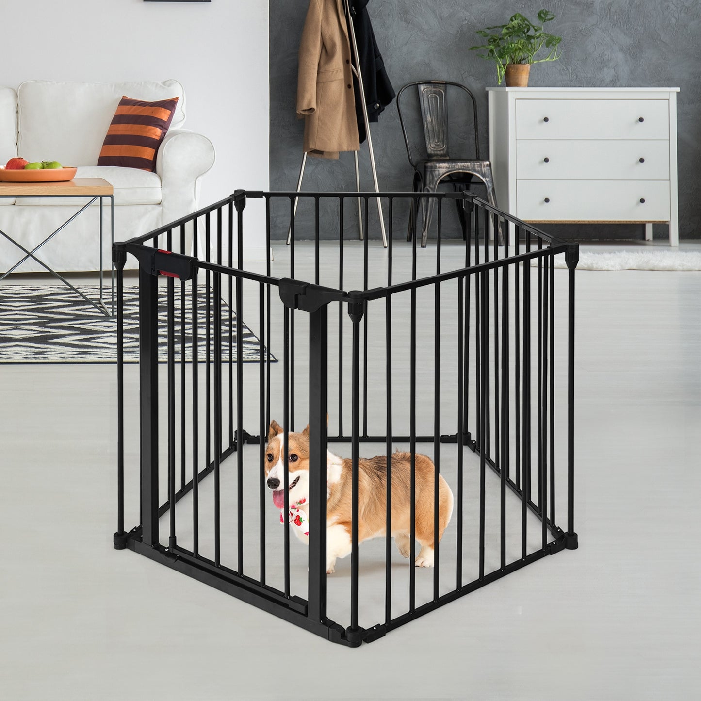5-Panel Adjustable Metal Fireplace Fence - Black, 115 Inch Length
