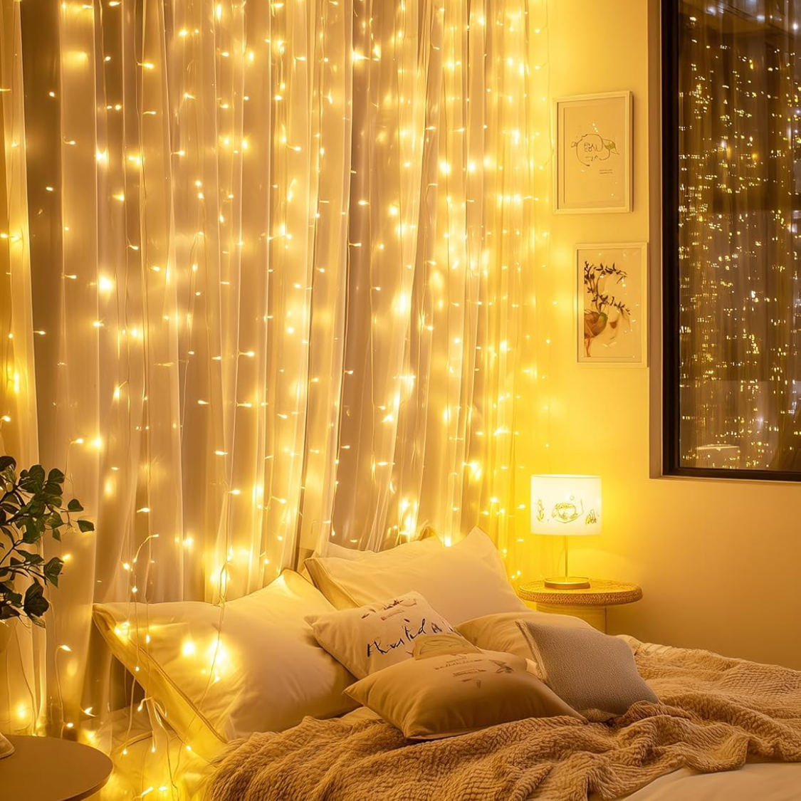 300 LED Warm White Curtain String Lights - USB Plug-In, 8 Modes