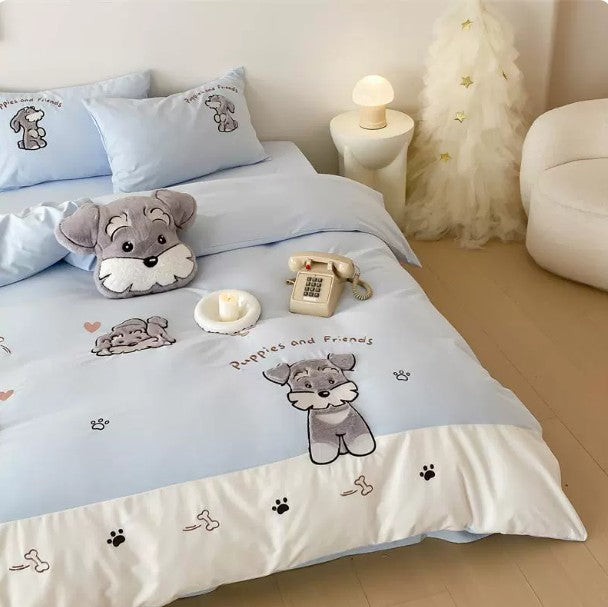 Cute Schnauzer Cotton Bedding Set - Embroidered Cartoon Bed Linen