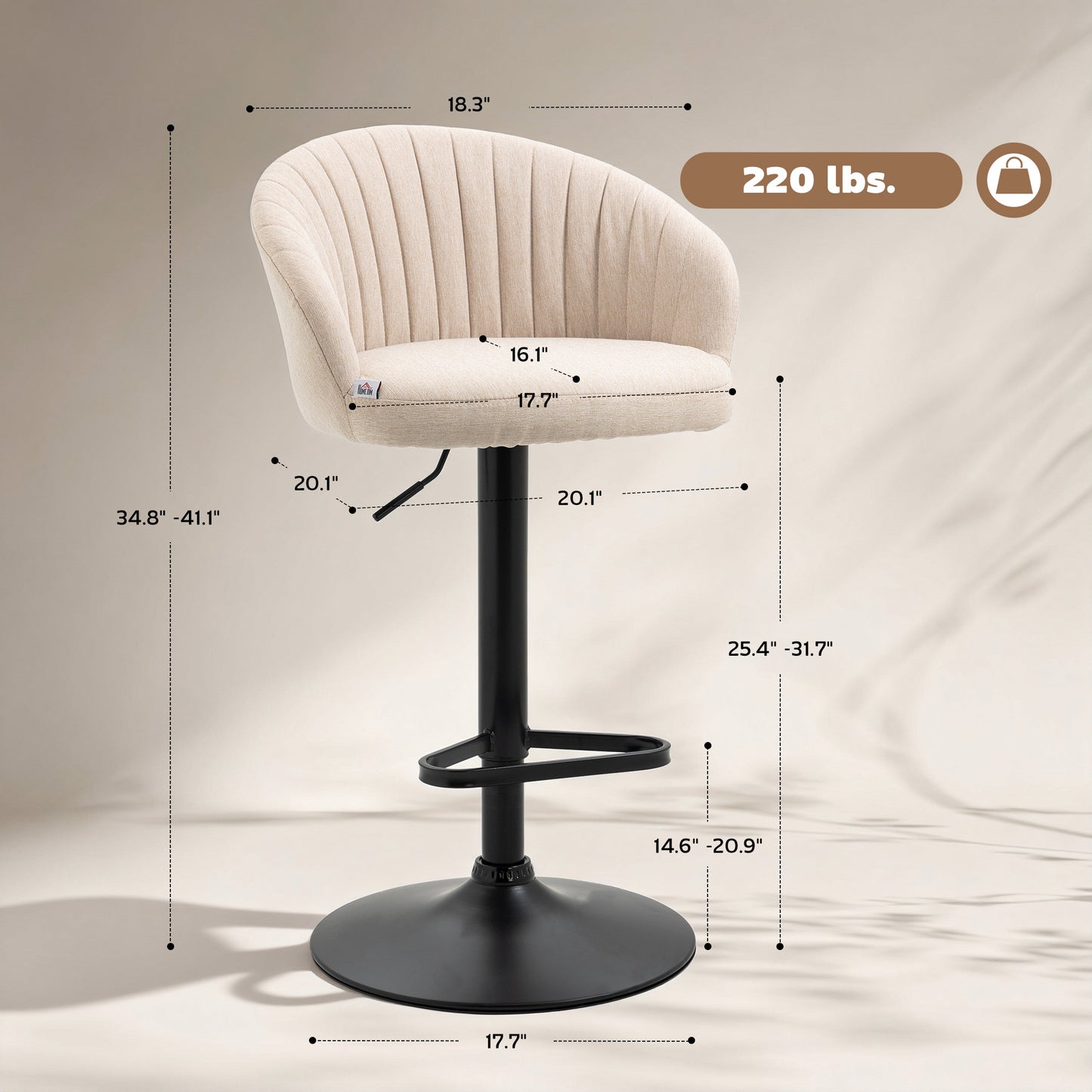 Modern Upholstered Adjustable Barstools with Swivel Seat, Linen Touch