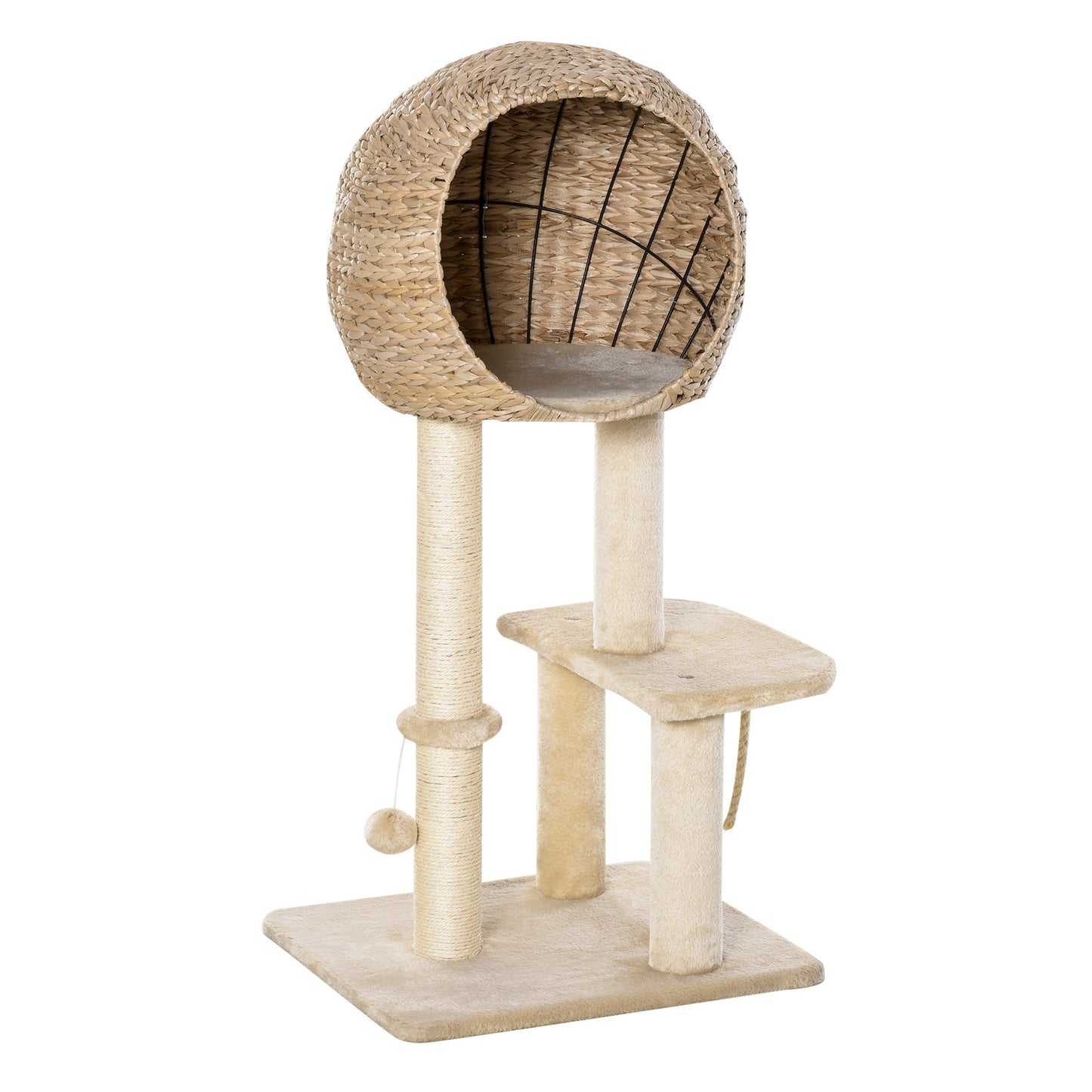 Beige Cat Tree with Sisal Scratching Post Condo and Hanging Rope - 39 Inches