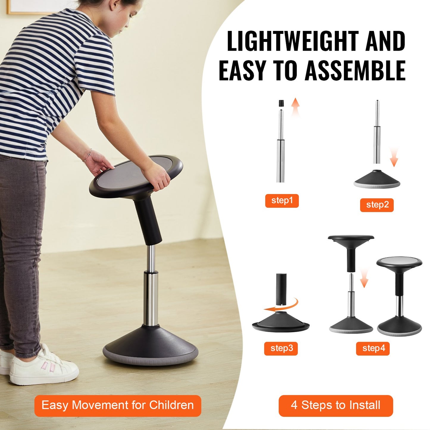 Height-Adjustable Wobble Chair for Active Sitting - Black