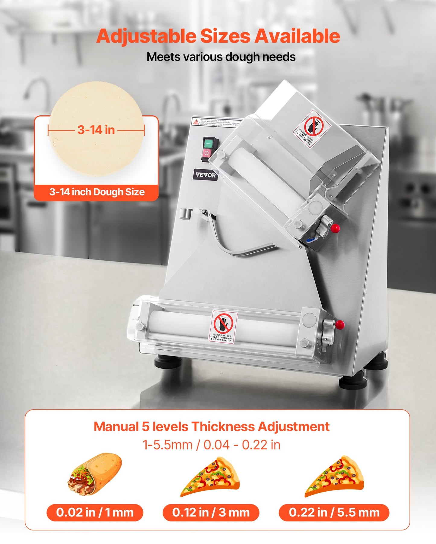 Automatic Commercial Pizza Dough Roller Sheeter 14 Inch, Adjustable Thickness, Silver