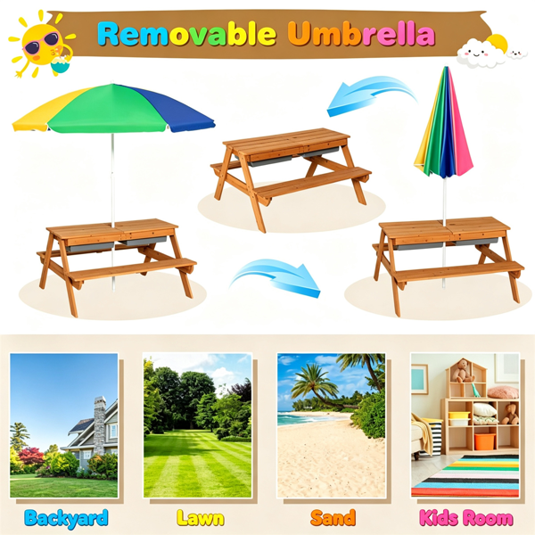 Kids Picnic Table with Adjustable Umbrella - 3-in-1 Sand & Water Play Set
