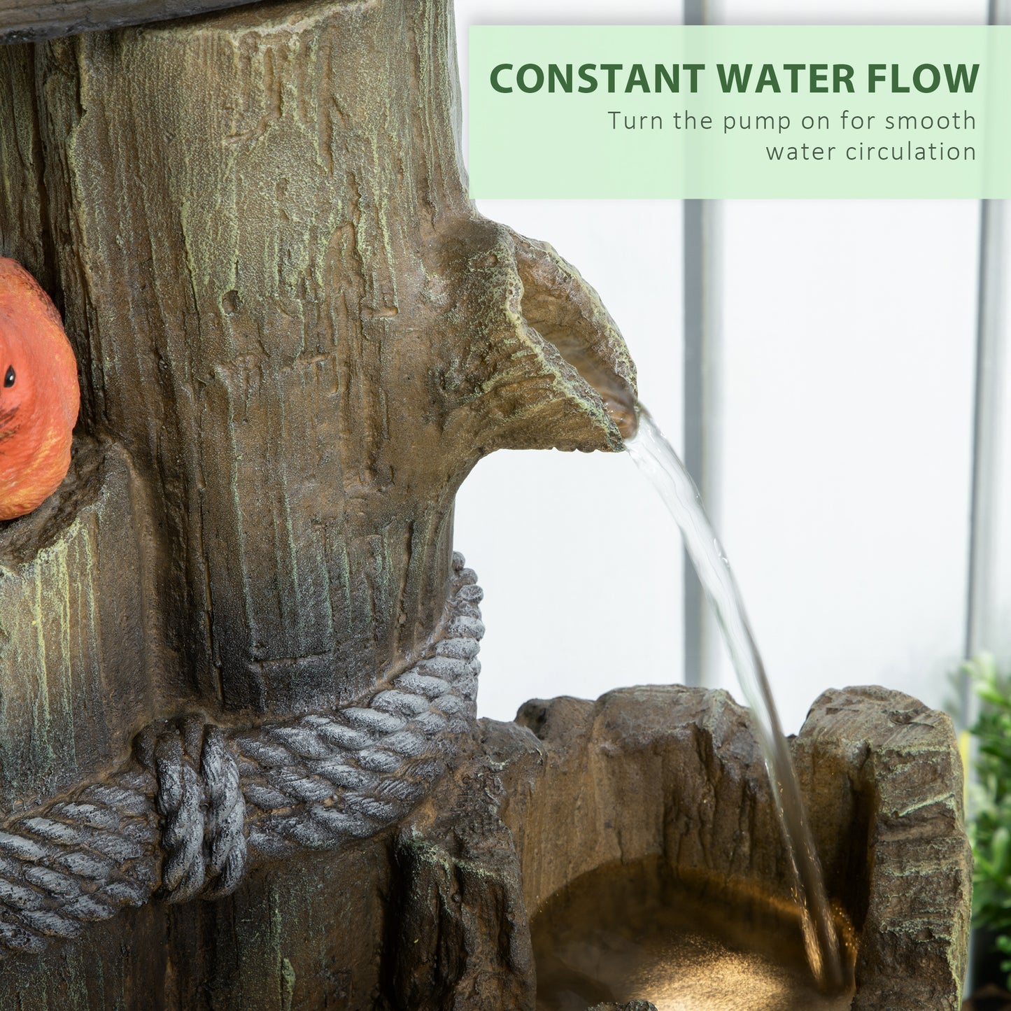 Outdoor Garden Fountain with Birdhouse and LED Lights - Rustic Tree Trunk Design
