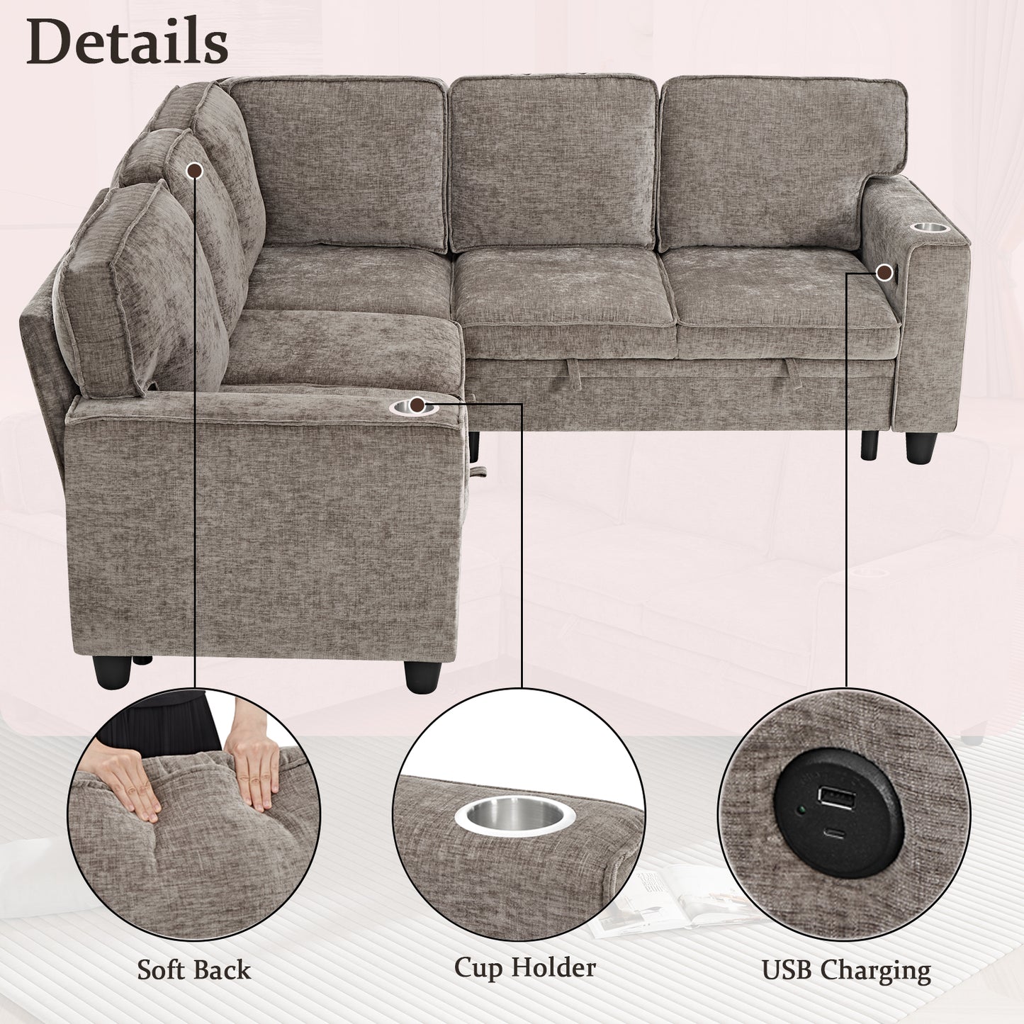 L-Shaped Sofa Bed with Storage & USB Ports - Light Brown