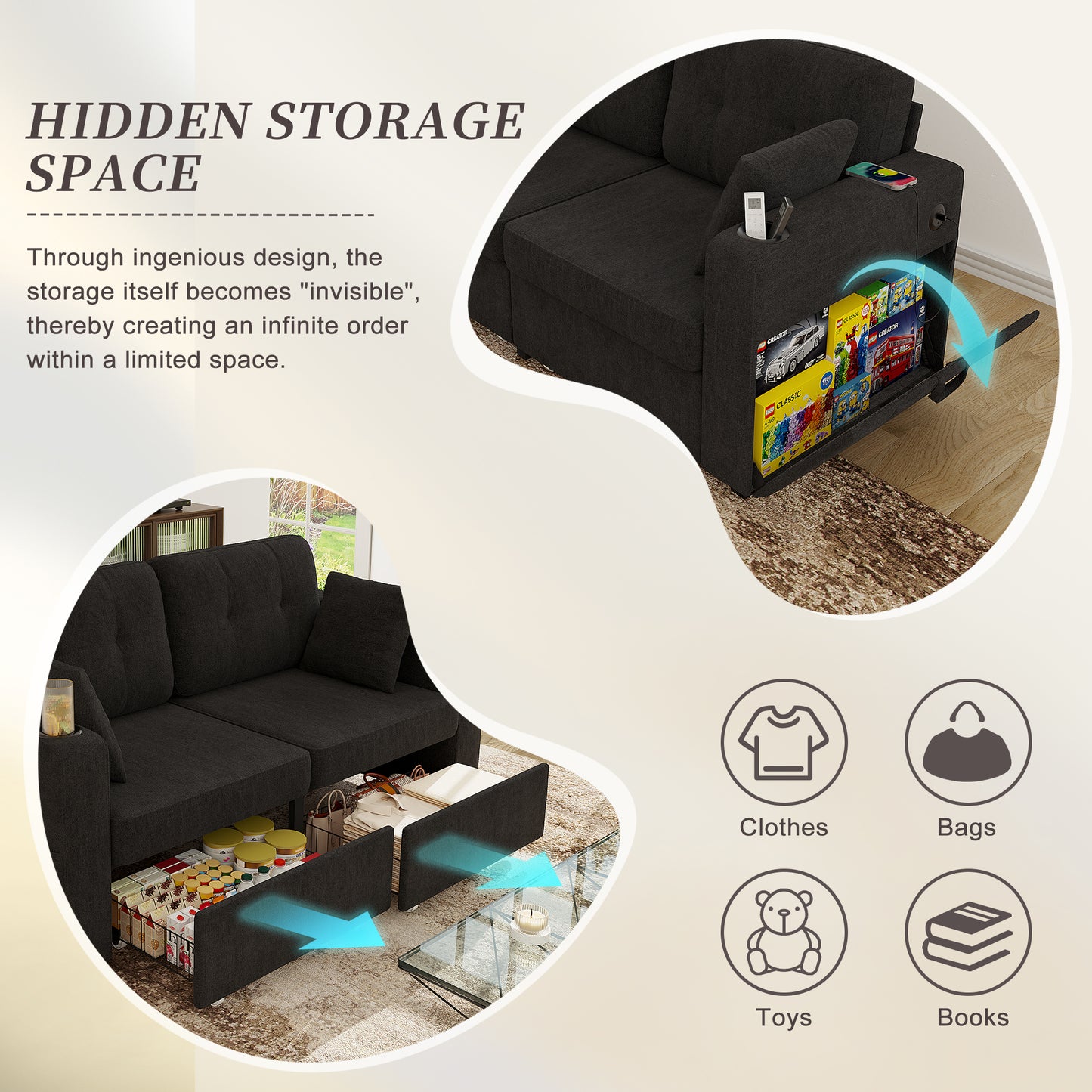 Modern 3-Seater Sofa with USB Charging & Storage - Black