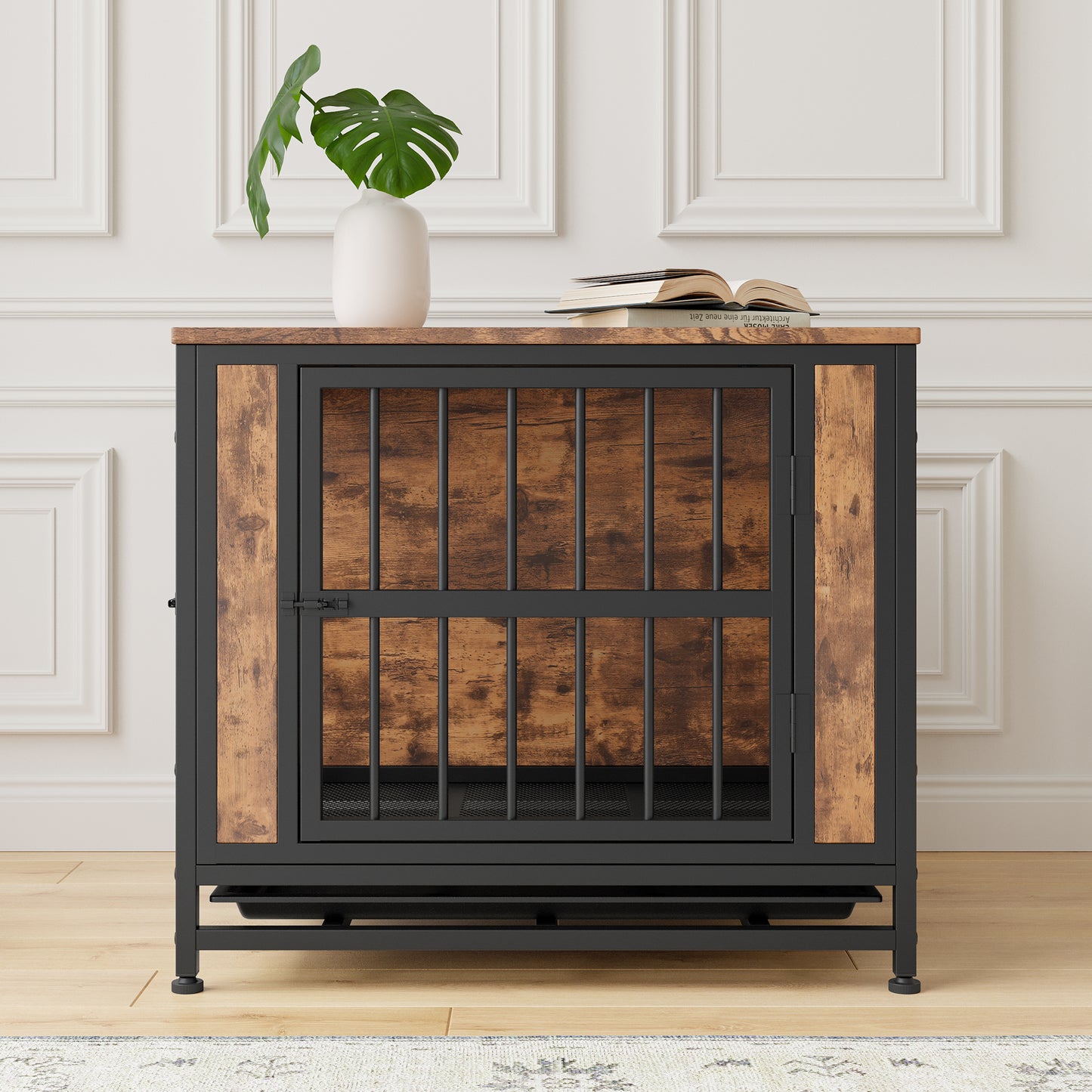 Wooden Dog Crate Table with 2 Sliding Doors - Rustic Brown