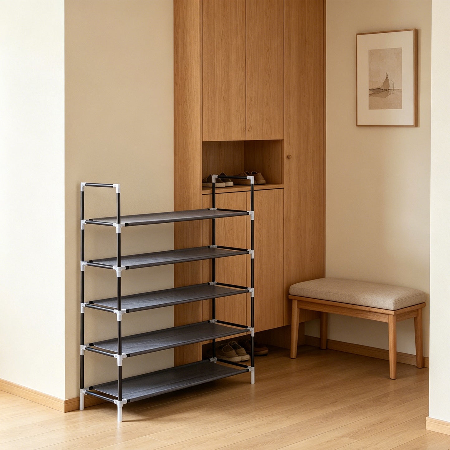 5-Tier Fabric & Steel Shoe Rack - Stackable Storage Shelf - Black