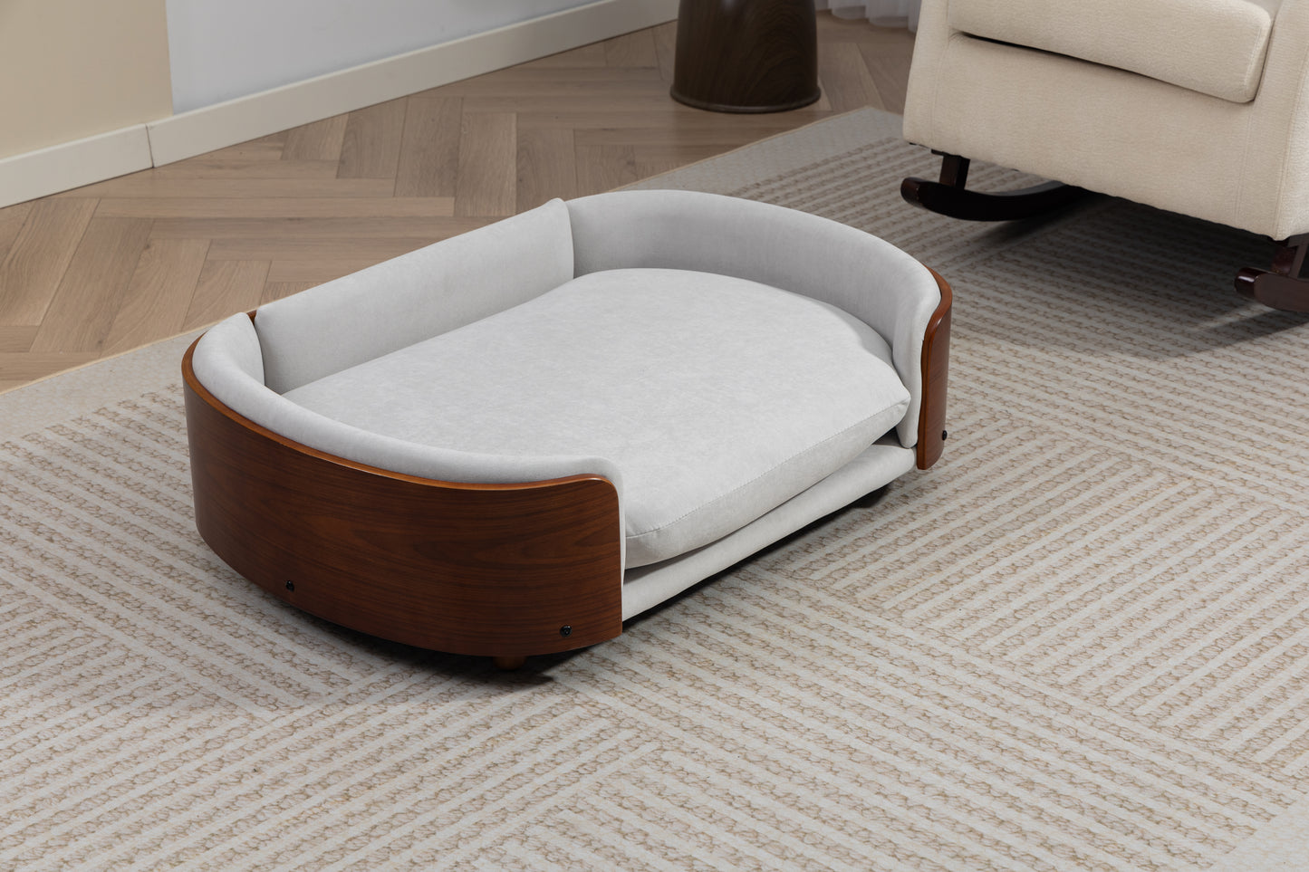 Large Elevated Dog Bed with Velvet Cushion and Solid Wood Legs - Scandinavian Style Pet Sofa