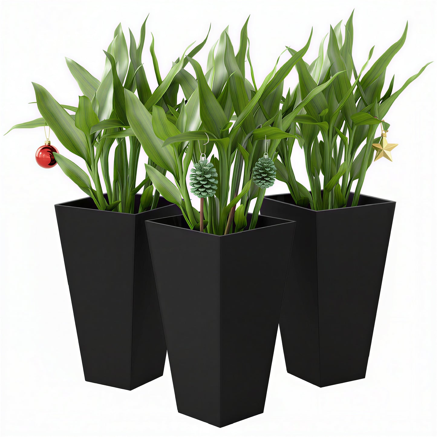 Tall Outdoor Plant Planters Set of 3 - 28 Inch Black Taper Pots with Drainage Holes